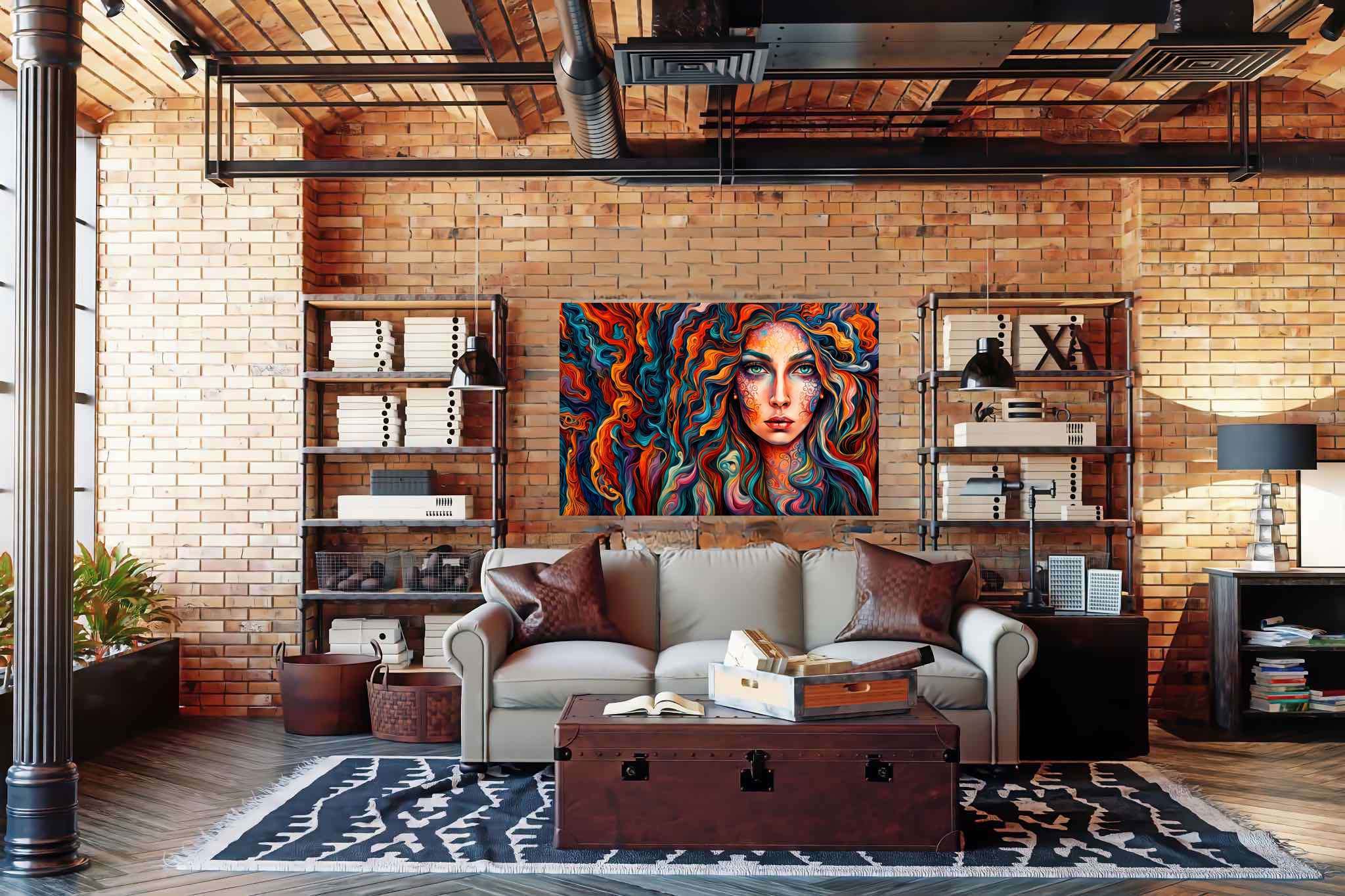Curlscape serenade: Curly-haired woman art with curly-haired woman illustration, in a room with contemporary flair, canvas prints, and artisan decor. The art can be printed on poster, framed poster, canvas, metal, acrylic or wood, exclusively at WallArtZen. Find this exact print at https://wallartzen.com/waz135