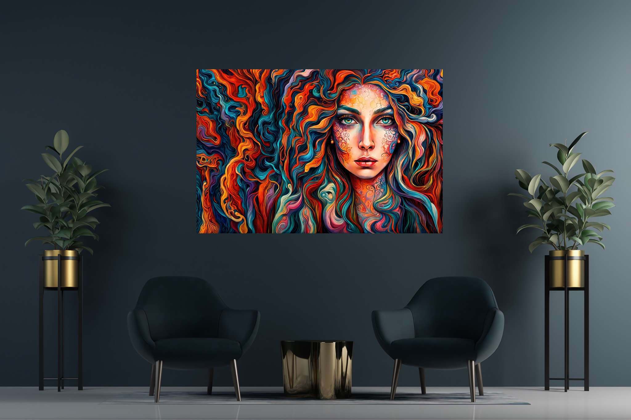 Curlscape serenade: Curly-haired woman art with curly hair painting, in a room with innovative layout, bespoke art designs, and stylish accessories. The art can be printed on poster, framed poster, canvas, metal, acrylic or wood, exclusively at WallArtZen. Find this exact print at https://wallartzen.com/waz135
