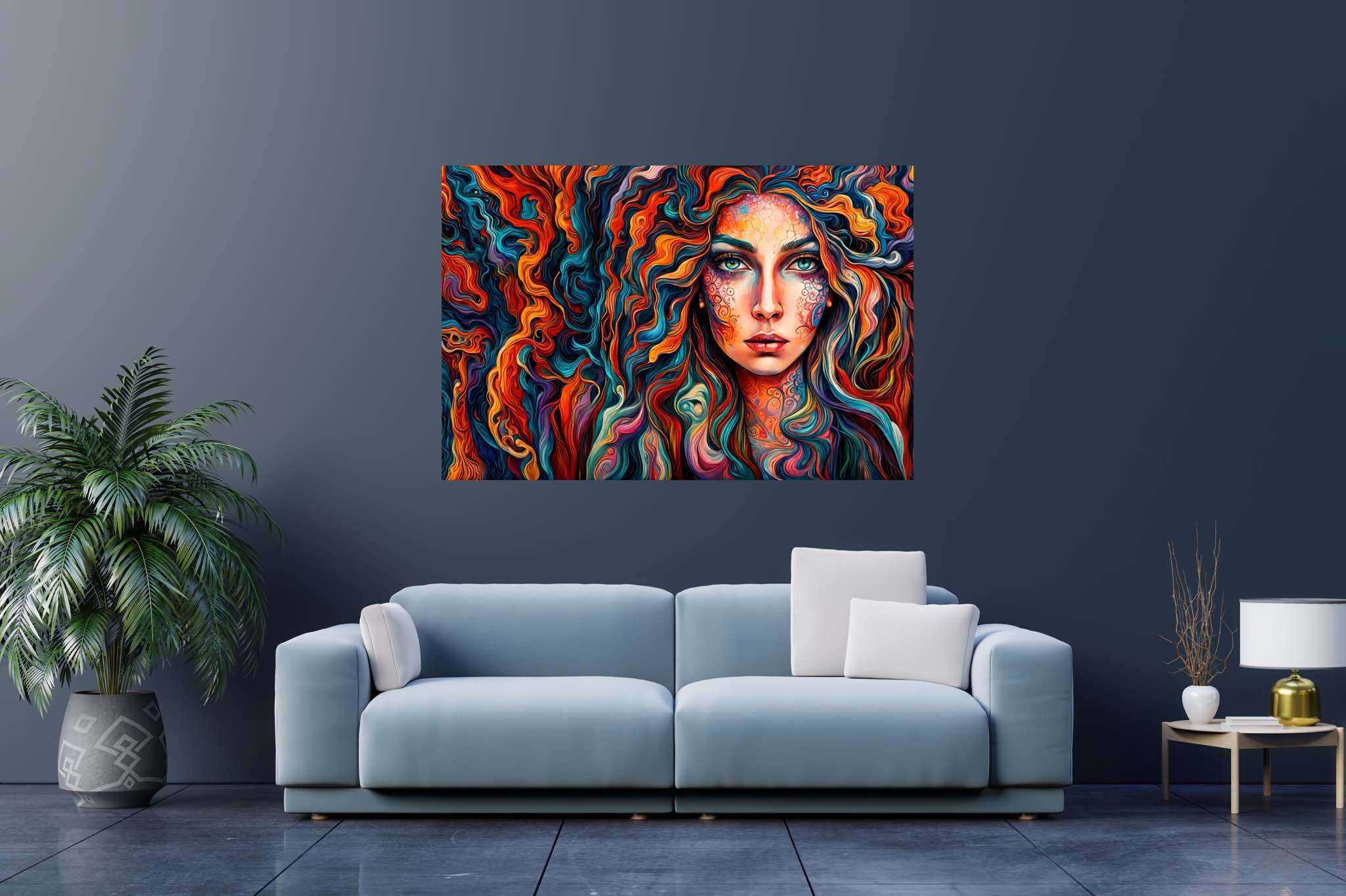 Curlscape serenade: Curly-haired woman art with curly-haired woman digital art, in a room with great design, wall hangings, and trendy home accents. The art can be printed on poster, framed poster, canvas, metal, acrylic or wood, exclusively at WallArtZen. Find this exact print at https://wallartzen.com/waz135