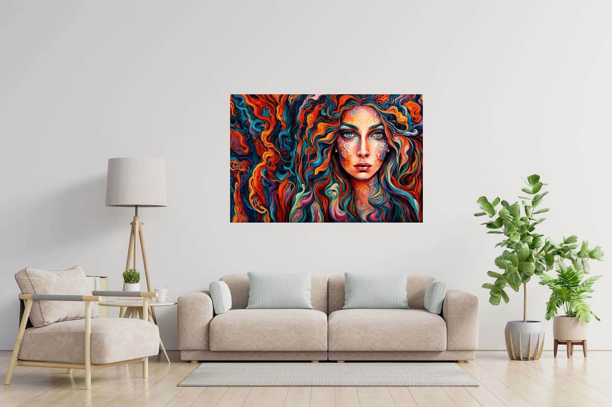 Curlscape serenade: Curly-haired woman art with curly-haired woman creativity, in a room with artistic style, wall hangings, and luxe decor. The art can be printed on poster, framed poster, canvas, metal, acrylic or wood, exclusively at WallArtZen. Find this exact print at https://wallartzen.com/waz135