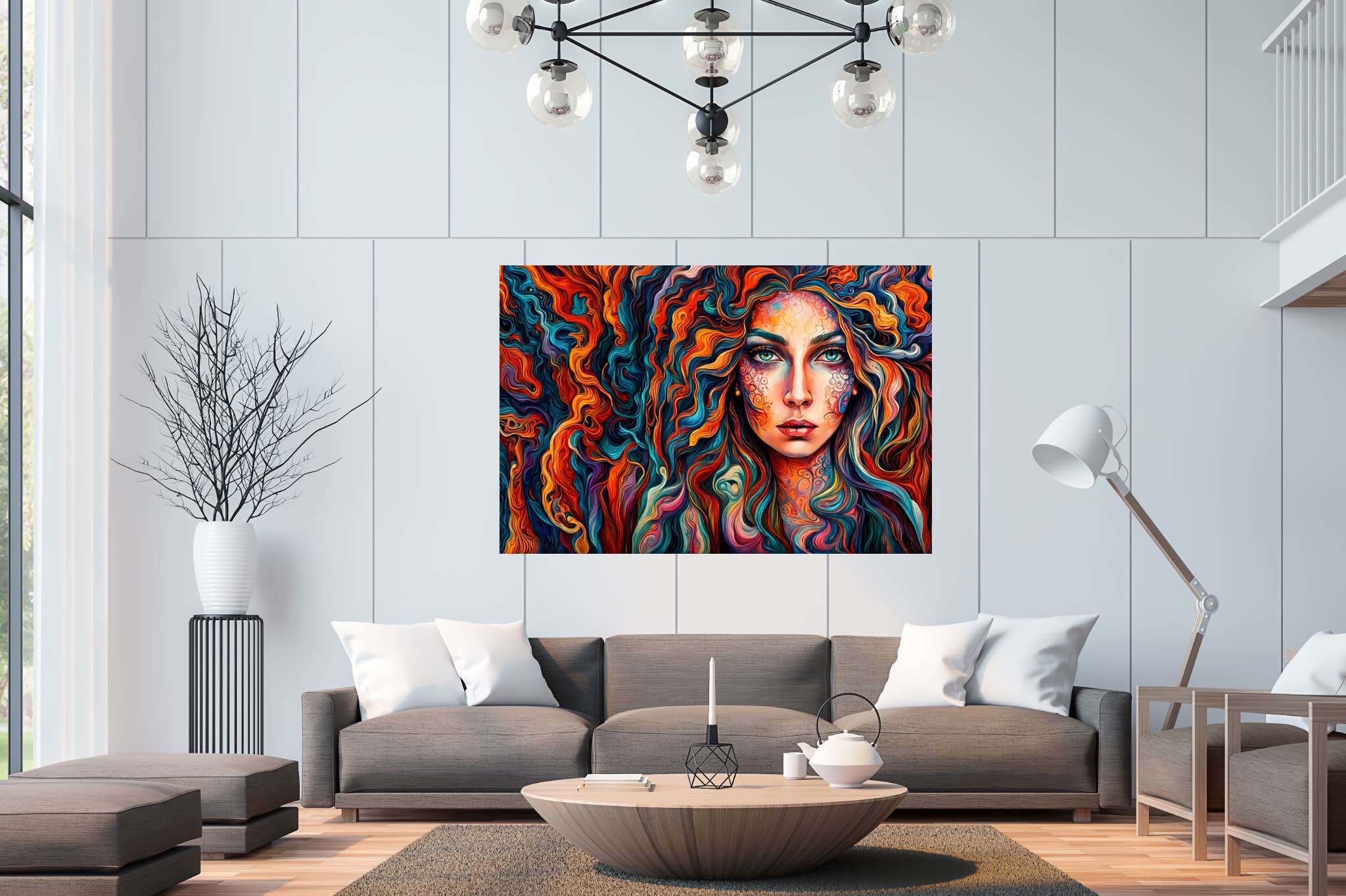 Curlscape serenade: Curly-haired woman art with art featuring curly-haired women, in a room with contemporary flair, mural artworks, and elegant home goods. The art can be printed on poster, framed poster, canvas, metal, acrylic or wood, exclusively at WallArtZen. Find this exact print at https://wallartzen.com/waz135