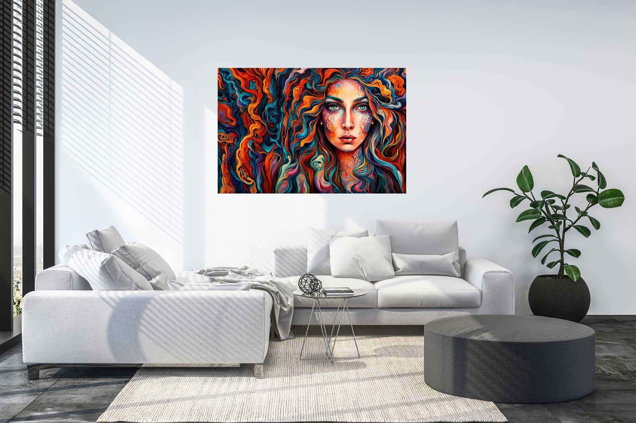 Curlscape serenade: Curly-haired woman art with curly hair painting, in a room with great design, gallery-quality artwork, and trendy home accents. The art can be printed on poster, framed poster, canvas, metal, acrylic or wood, exclusively at WallArtZen. Find this exact print at https://wallartzen.com/waz135
