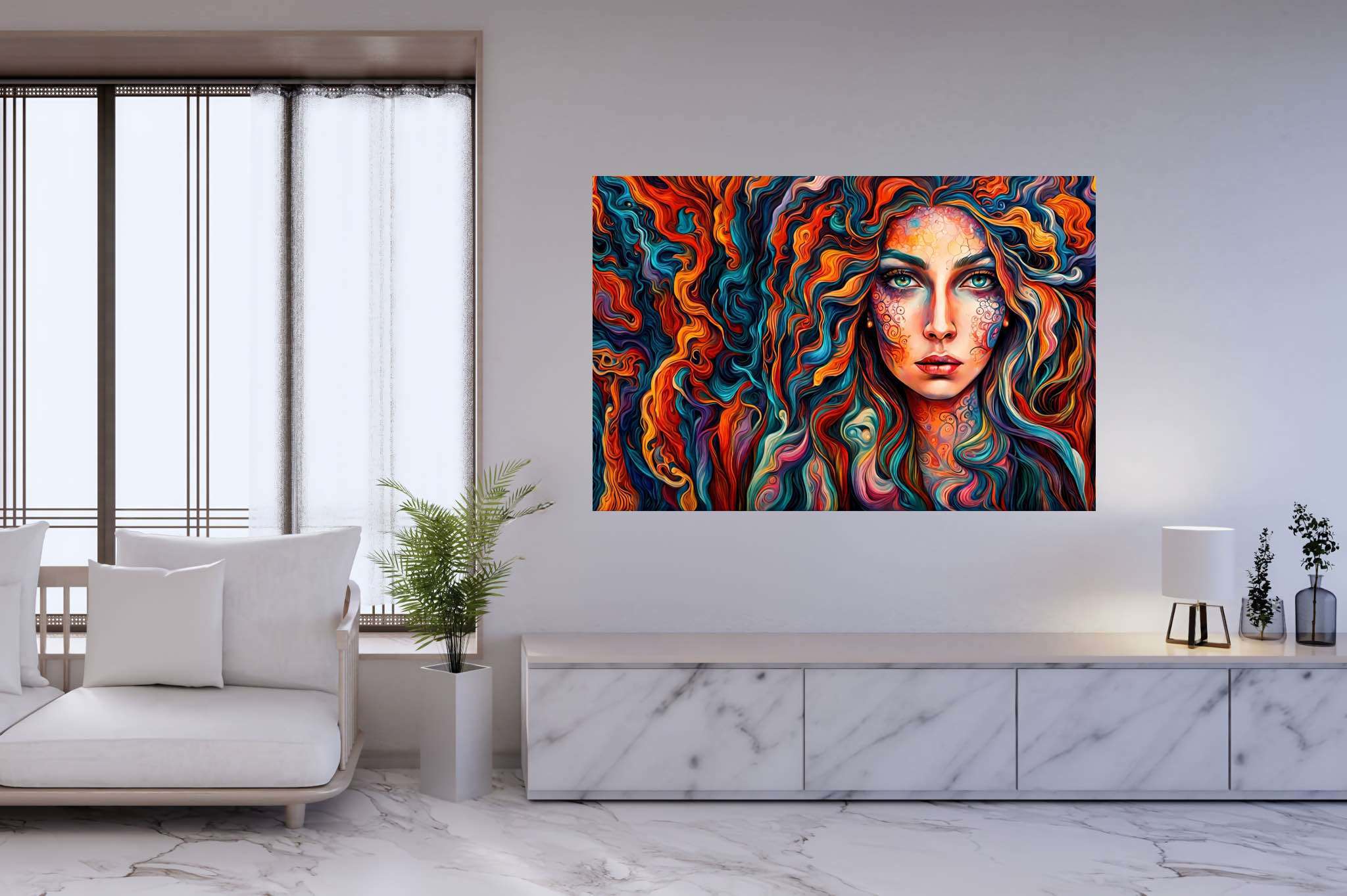 Curlscape serenade: Curly-haired woman art with curly-haired woman visual representation, in a room with innovative layout, gallery-quality artwork, and decorative pieces. The art can be printed on poster, framed poster, canvas, metal, acrylic or wood, exclusively at WallArtZen. Find this exact print at https://wallartzen.com/waz135