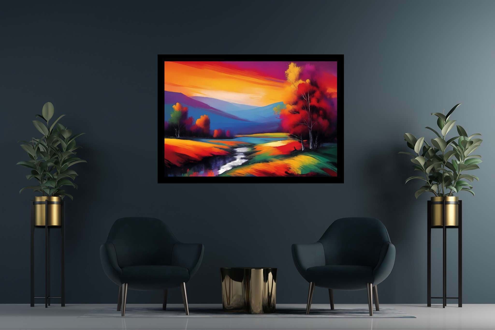Sunset serenade in the valley: Landscape art with artistic landscapes, in a room with classic elegance, framed art, and designer furniture. The art can be printed on poster, framed poster, canvas, metal, acrylic or wood, exclusively at WallArtZen. Find this exact print at https://wallartzen.com/waz137