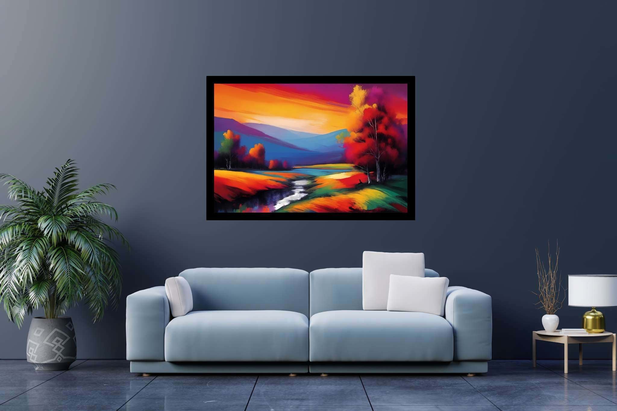 Sunset serenade in the valley: Landscape art with outdoor scenery, in a room with modern style, photographic wall art, and trendy home accents. The art can be printed on poster, framed poster, canvas, metal, acrylic or wood, exclusively at WallArtZen. Find this exact print at https://wallartzen.com/waz137