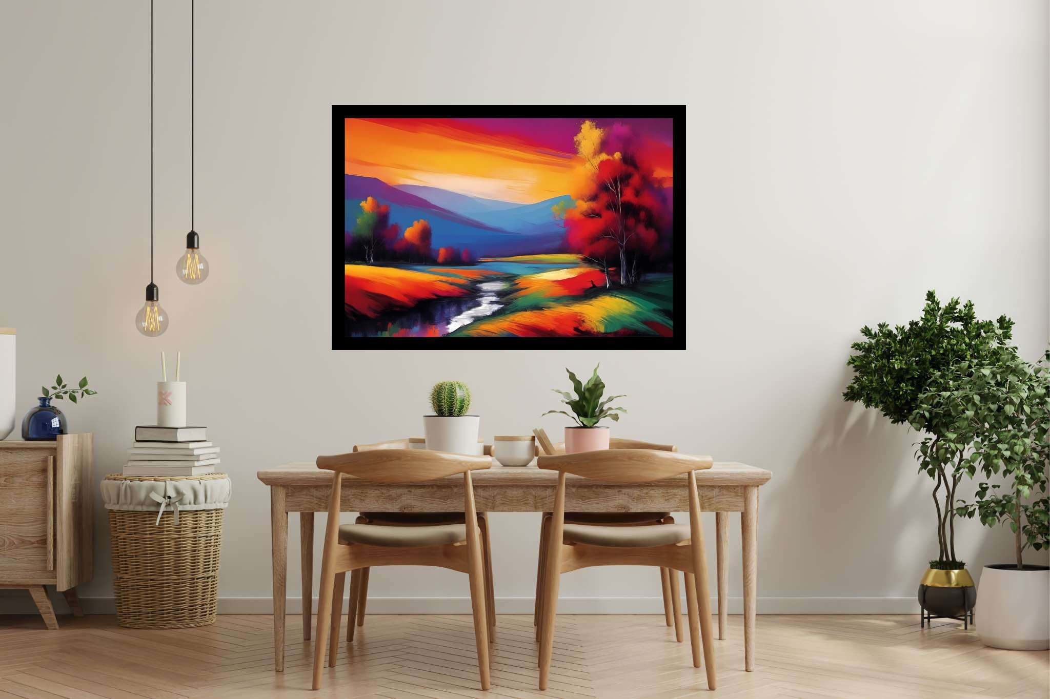 Sunset serenade in the valley: Landscape art with landscape photography, in a room with elegant layout, framed art, and home styling items. The art can be printed on poster, framed poster, canvas, metal, acrylic or wood, exclusively at WallArtZen. Find this exact print at https://wallartzen.com/waz137