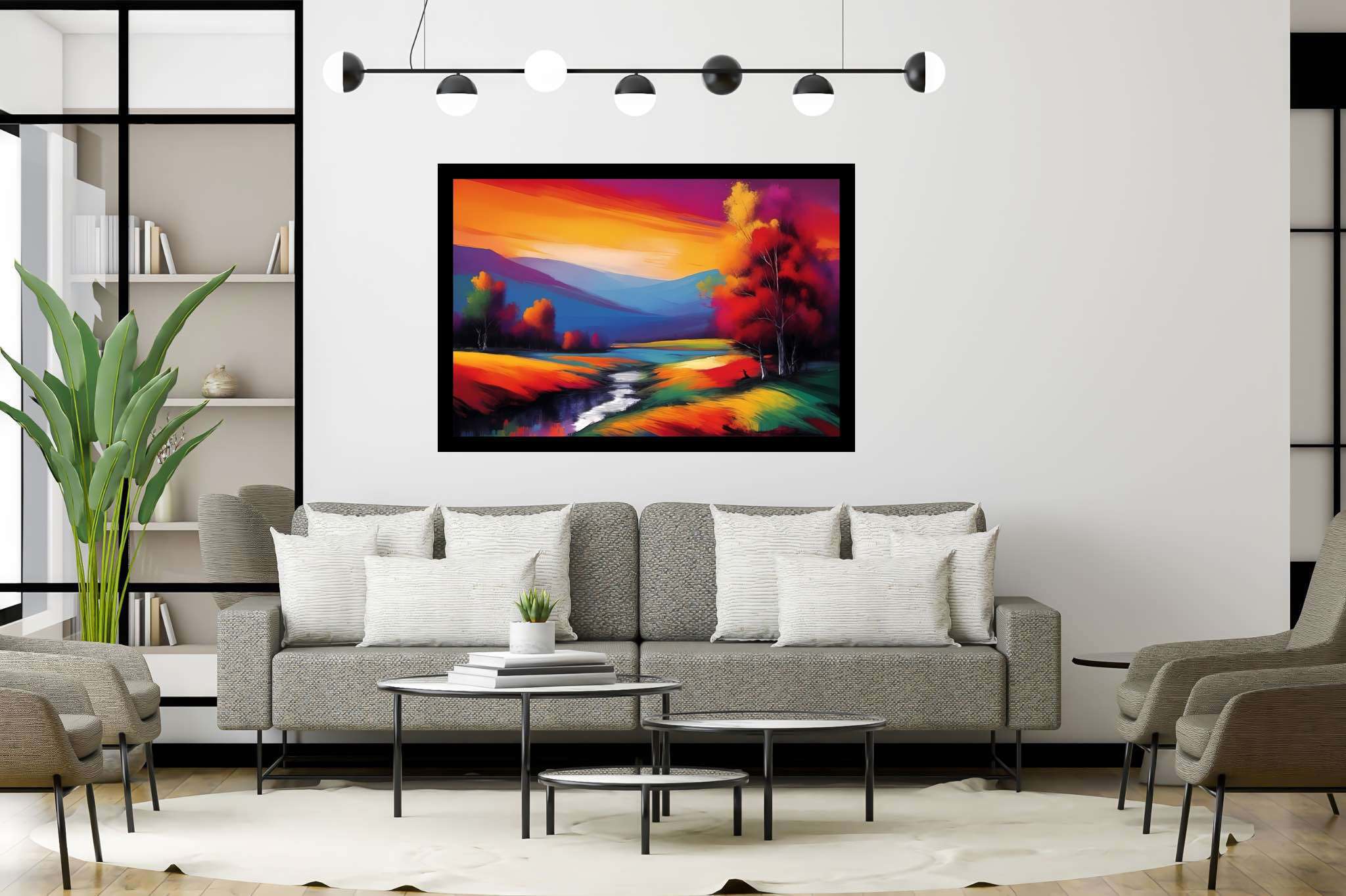 Sunset serenade in the valley: Landscape art with landscape paintings, in a room with chic decor, canvas prints, and stylish accessories. The art can be printed on poster, framed poster, canvas, metal, acrylic or wood, exclusively at WallArtZen. Find this exact print at https://wallartzen.com/waz137