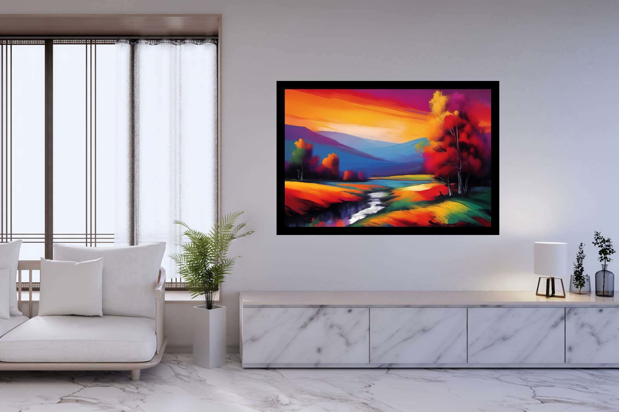 Sunset serenade in the valley: Landscape art with artistic landscapes, in a room with minimalist approach, photographic wall art, and artisan decor. The art can be printed on poster, framed poster, canvas, metal, acrylic or wood, exclusively at WallArtZen. Find this exact print at https://wallartzen.com/waz137