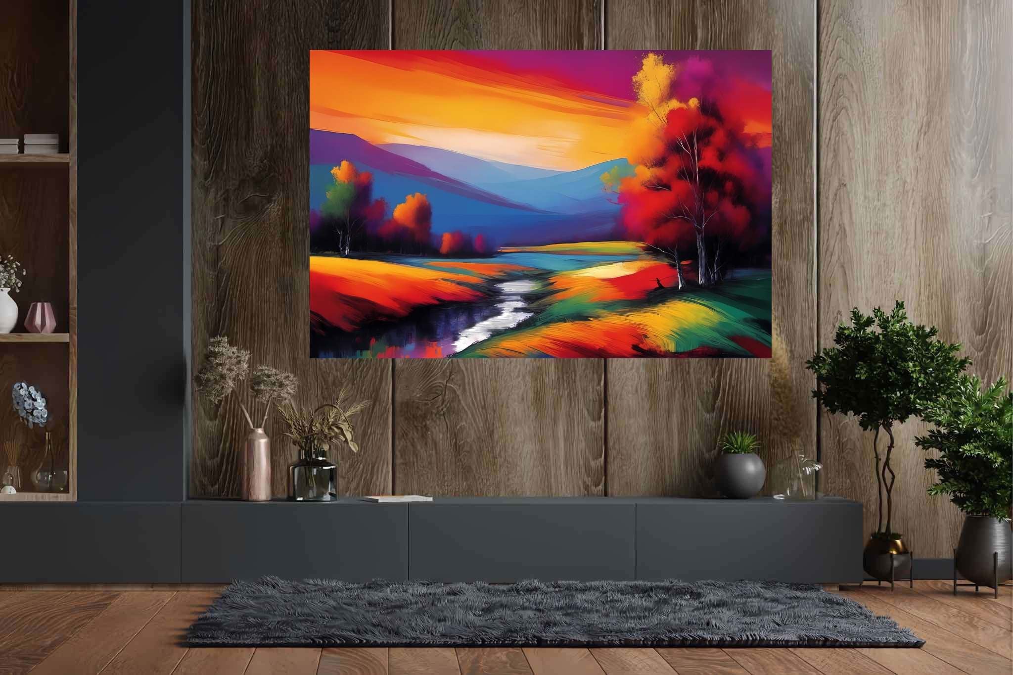Sunset serenade in the valley: Landscape art with landscape paintings, in a room with chic decor, wall art, and artisan decor. The art can be printed on poster, framed poster, canvas, metal, acrylic or wood, exclusively at WallArtZen. Find this exact print at https://wallartzen.com/waz137