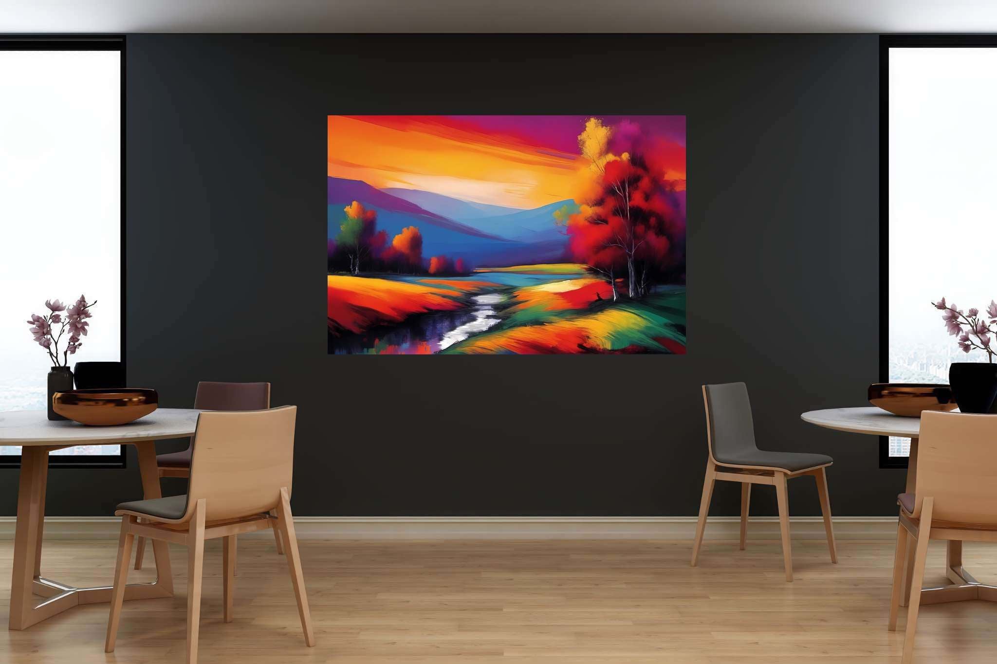 Sunset serenade in the valley: Landscape art with landscape art, in a room with artistic style, canvas prints, and decorative pieces. The art can be printed on poster, framed poster, canvas, metal, acrylic or wood, exclusively at WallArtZen. Find this exact print at https://wallartzen.com/waz137