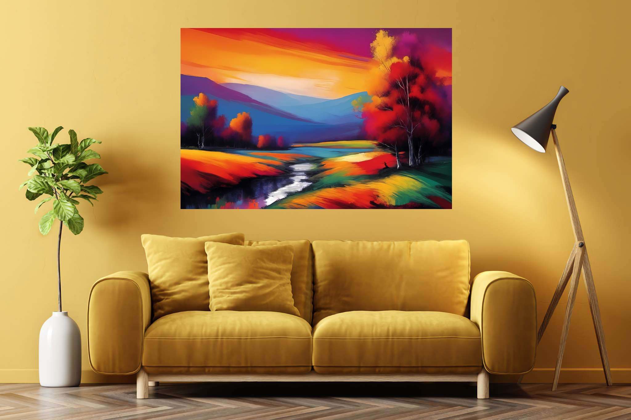 Sunset serenade in the valley: Landscape art with landscape photography, in a room with modern style, digital art pieces, and home styling items. The art can be printed on poster, framed poster, canvas, metal, acrylic or wood, exclusively at WallArtZen. Find this exact print at https://wallartzen.com/waz137