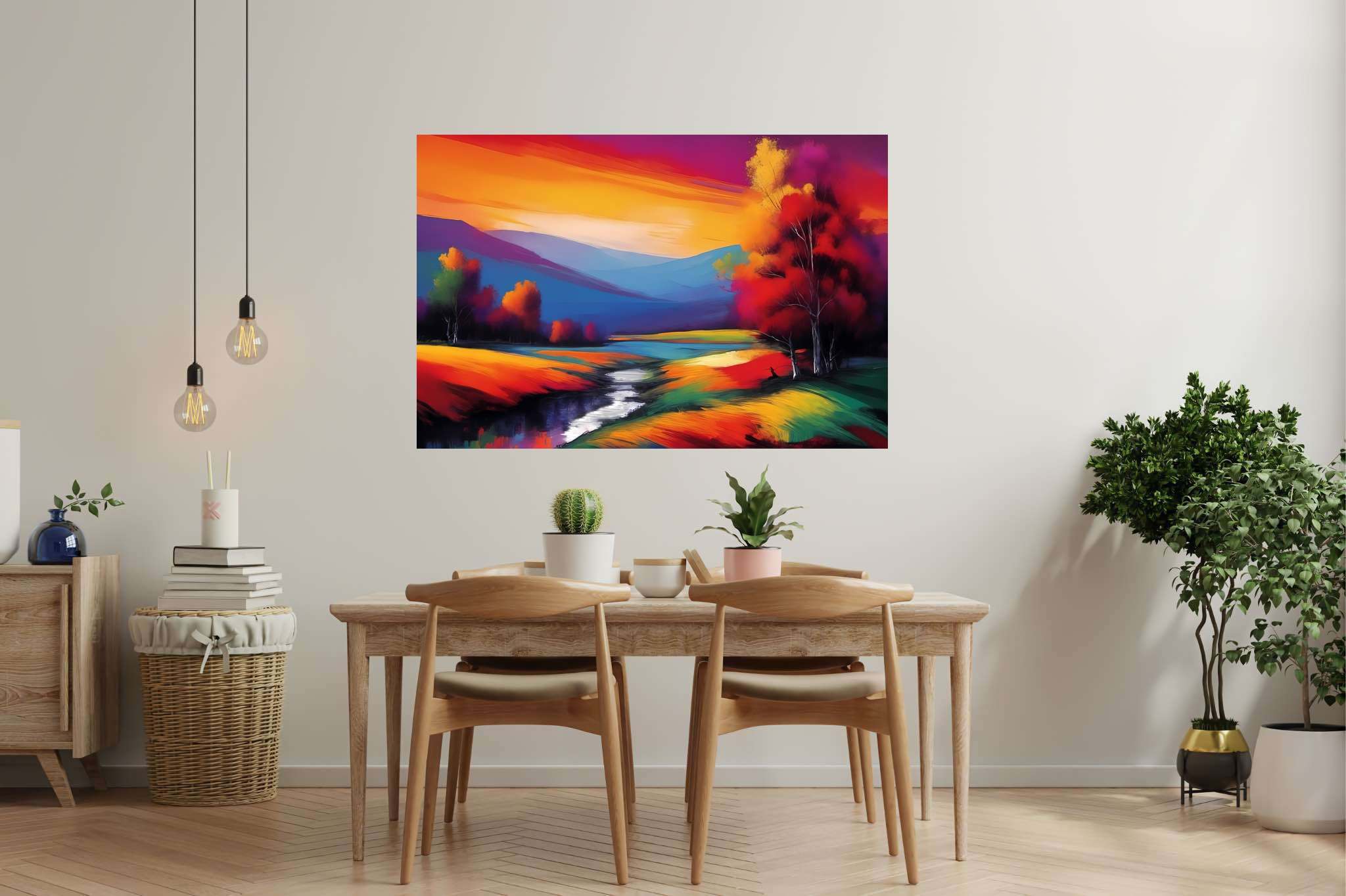 Sunset serenade in the valley: Landscape art with scenic landscapes, in a room with modern style, framed art, and trendy home accents. The art can be printed on poster, framed poster, canvas, metal, acrylic or wood, exclusively at WallArtZen. Find this exact print at https://wallartzen.com/waz137