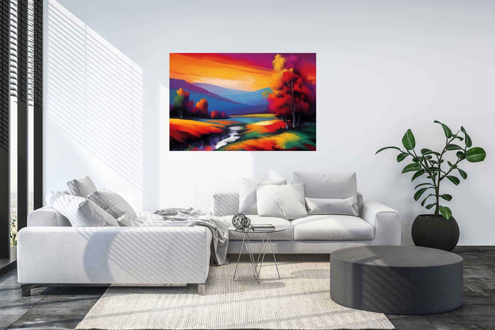 Sunset serenade in the valley: Landscape art with landscape art, in a room with classic elegance, gallery-quality artwork, and designer furniture. The art can be printed on poster, framed poster, canvas, metal, acrylic or wood, exclusively at WallArtZen. Find this exact print at https://wallartzen.com/waz137