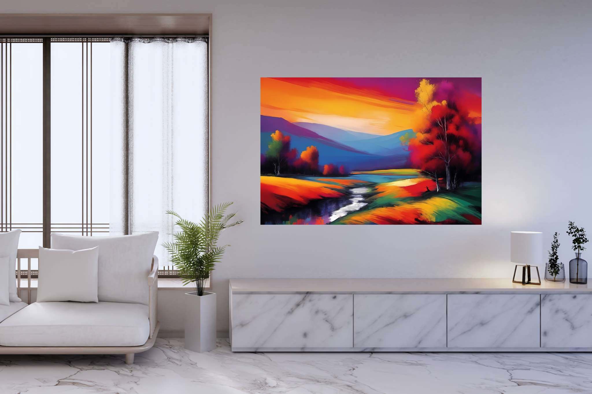 Sunset serenade in the valley: Landscape art with landscape photography, in a room with contemporary flair, framed art, and elegant home goods. The art can be printed on poster, framed poster, canvas, metal, acrylic or wood, exclusively at WallArtZen. Find this exact print at https://wallartzen.com/waz137