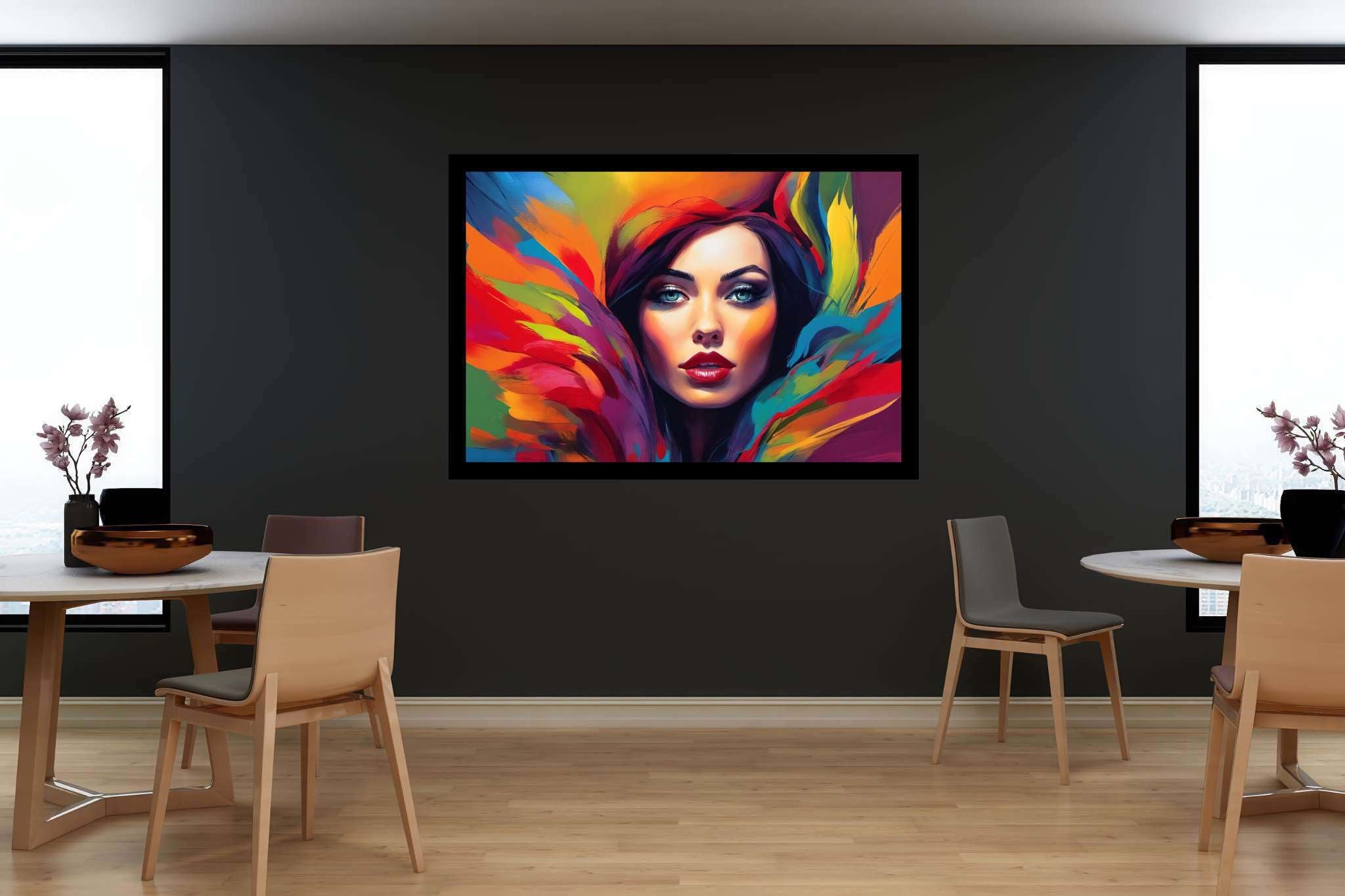 Spectrum of her essence: Vibrant woman art with vibrant woman mixed media, in a room with urban design, digital art pieces, and decorative pieces. The art can be printed on poster, framed poster, canvas, metal, acrylic or wood, exclusively at WallArtZen. Find this exact print at https://wallartzen.com/waz138