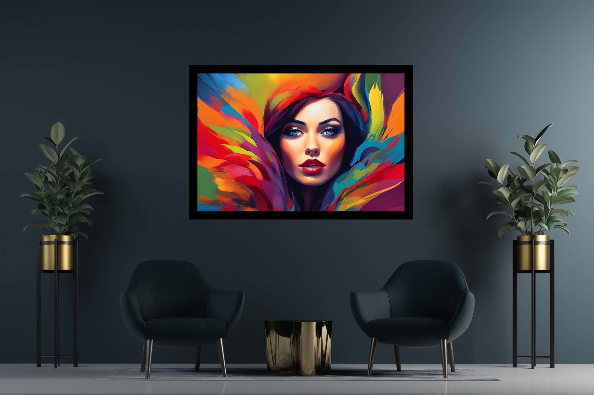 Spectrum of her essence: Vibrant woman art with colorful female paintings, in a room with innovative layout, fine art prints, and artisan decor. The art can be printed on poster, framed poster, canvas, metal, acrylic or wood, exclusively at WallArtZen. Find this exact print at https://wallartzen.com/waz138