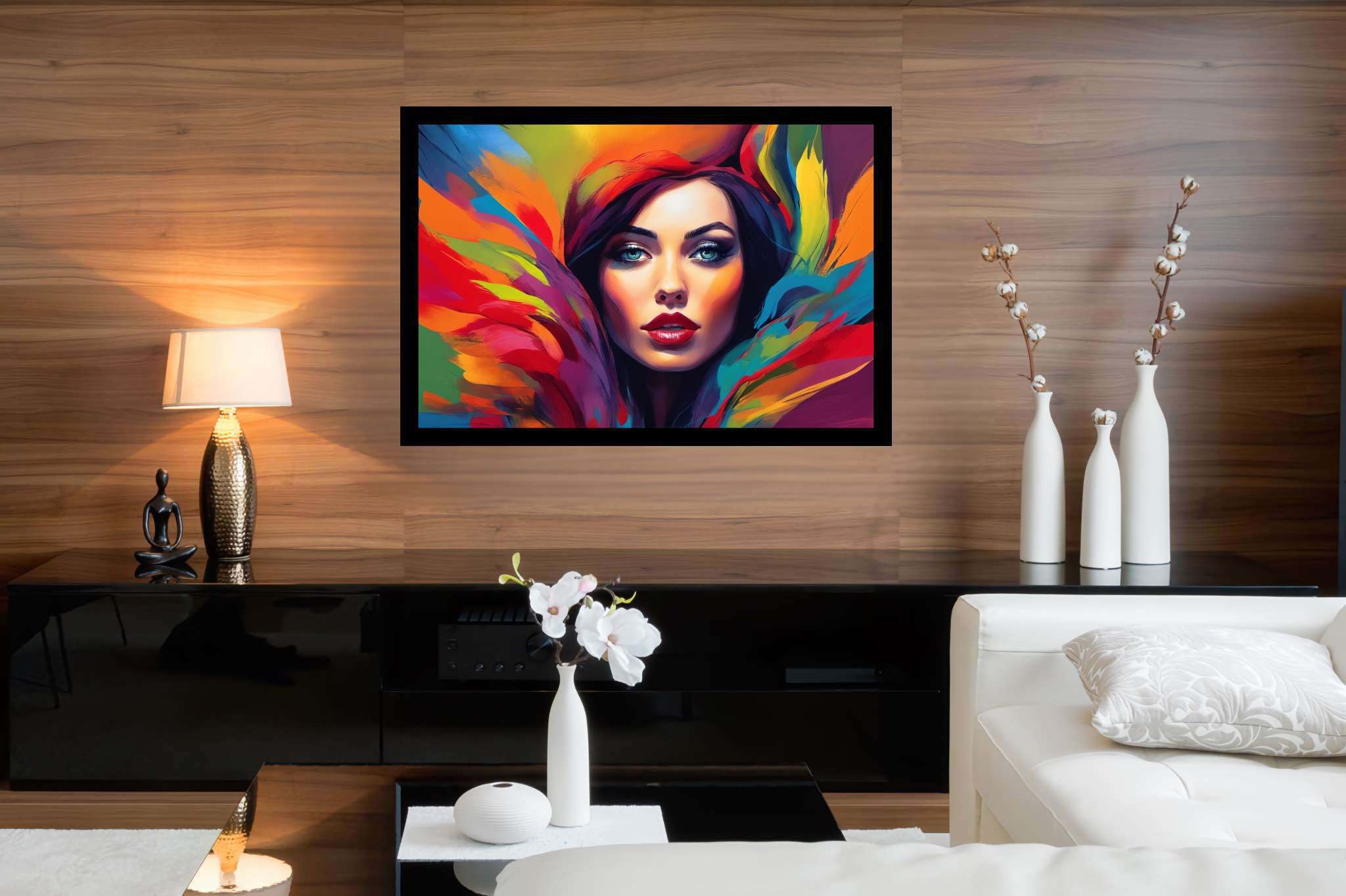 Spectrum of her essence: Vibrant woman art with lively woman illustrations, in a room with minimalist approach, photographic wall art, and elegant home goods. The art can be printed on poster, framed poster, canvas, metal, acrylic or wood, exclusively at WallArtZen. Find this exact print at https://wallartzen.com/waz138