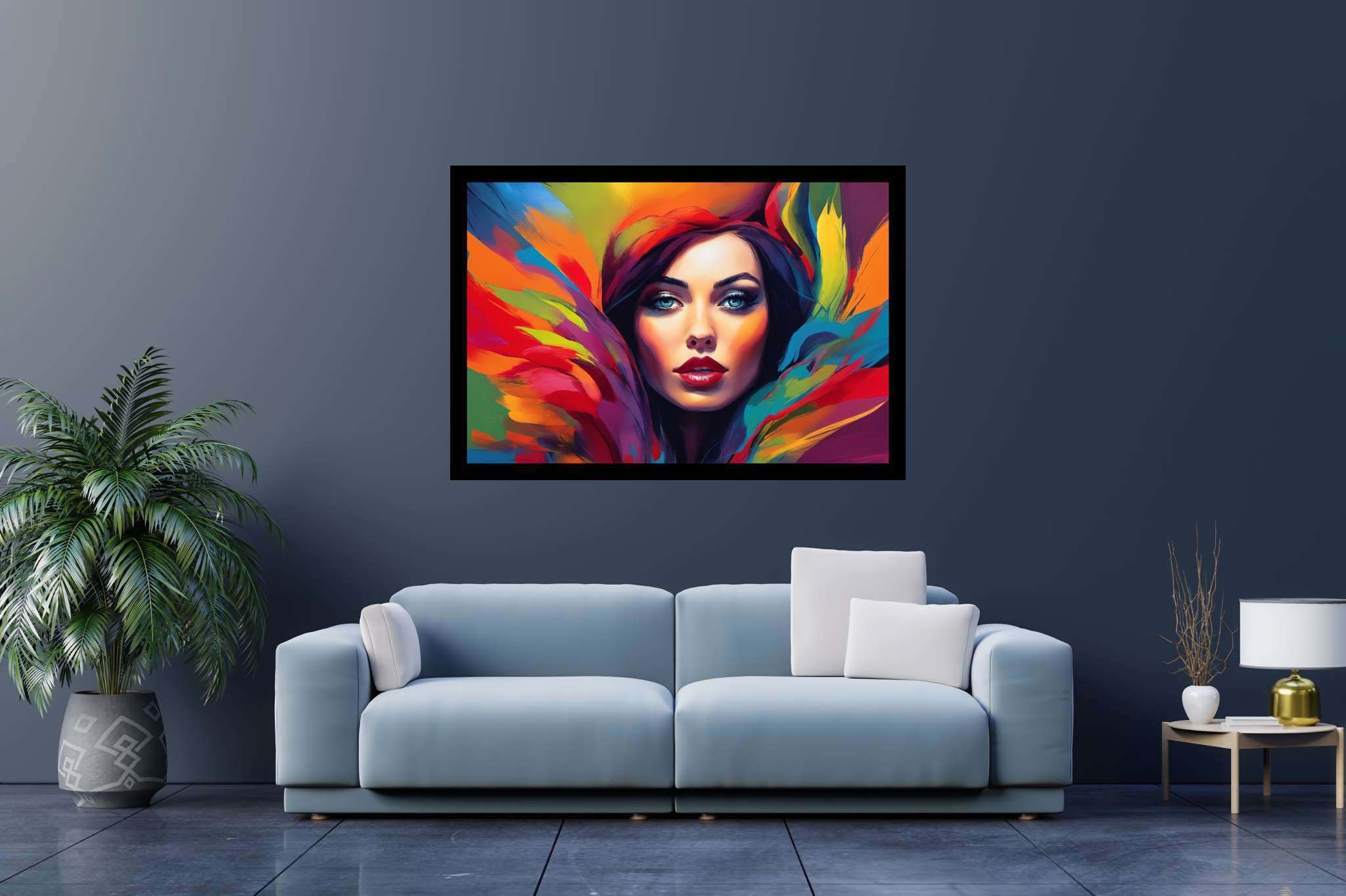 Spectrum of her essence: Vibrant woman art with dynamic woman sketches, in a room with modern style, digital art pieces, and interior decorations. The art can be printed on poster, framed poster, canvas, metal, acrylic or wood, exclusively at WallArtZen. Find this exact print at https://wallartzen.com/waz138