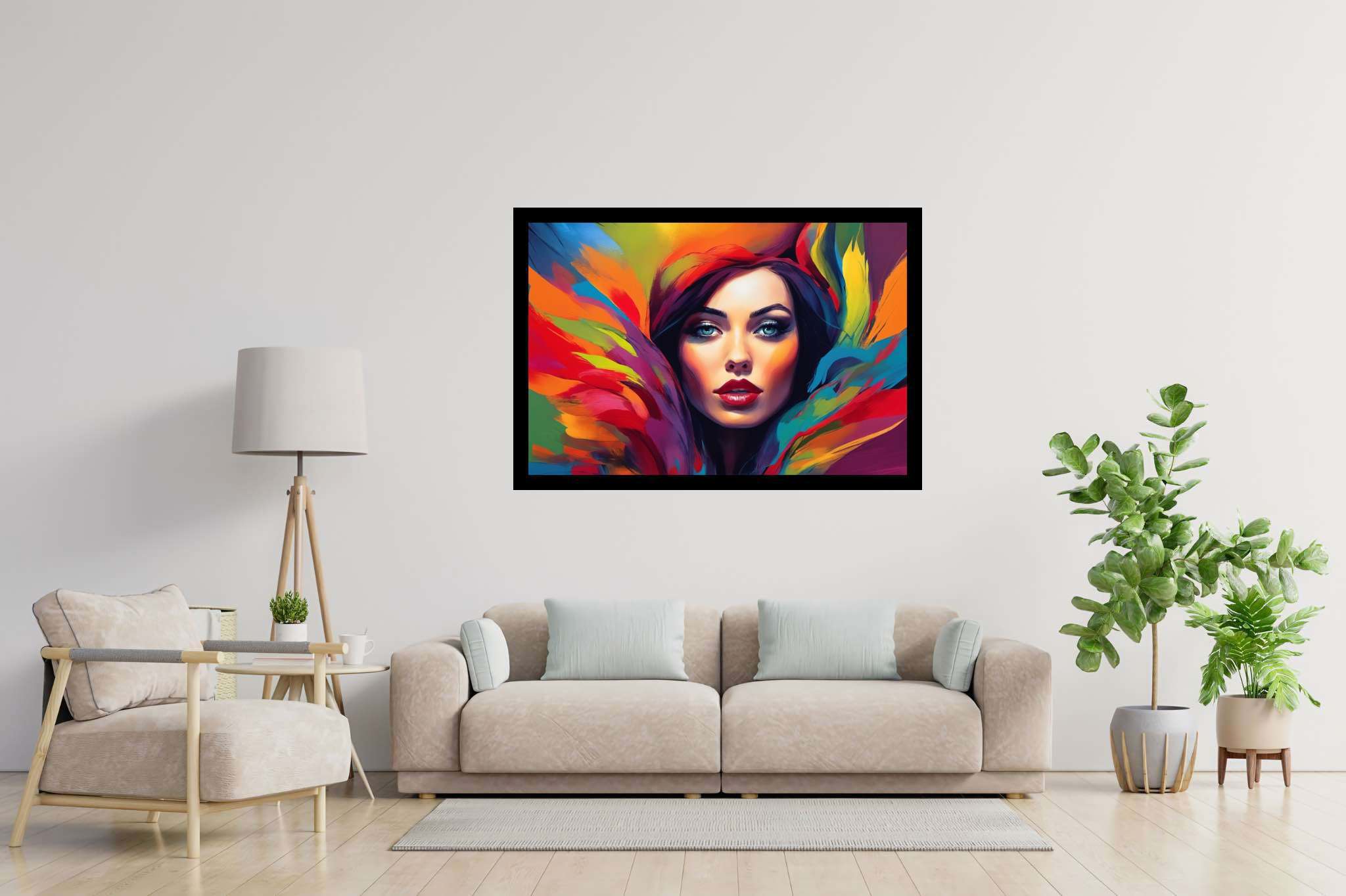 Spectrum of her essence: Vibrant woman art with colorful female paintings, in a room with great design, wall hangings, and home furnishings. The art can be printed on poster, framed poster, canvas, metal, acrylic or wood, exclusively at WallArtZen. Find this exact print at https://wallartzen.com/waz138
