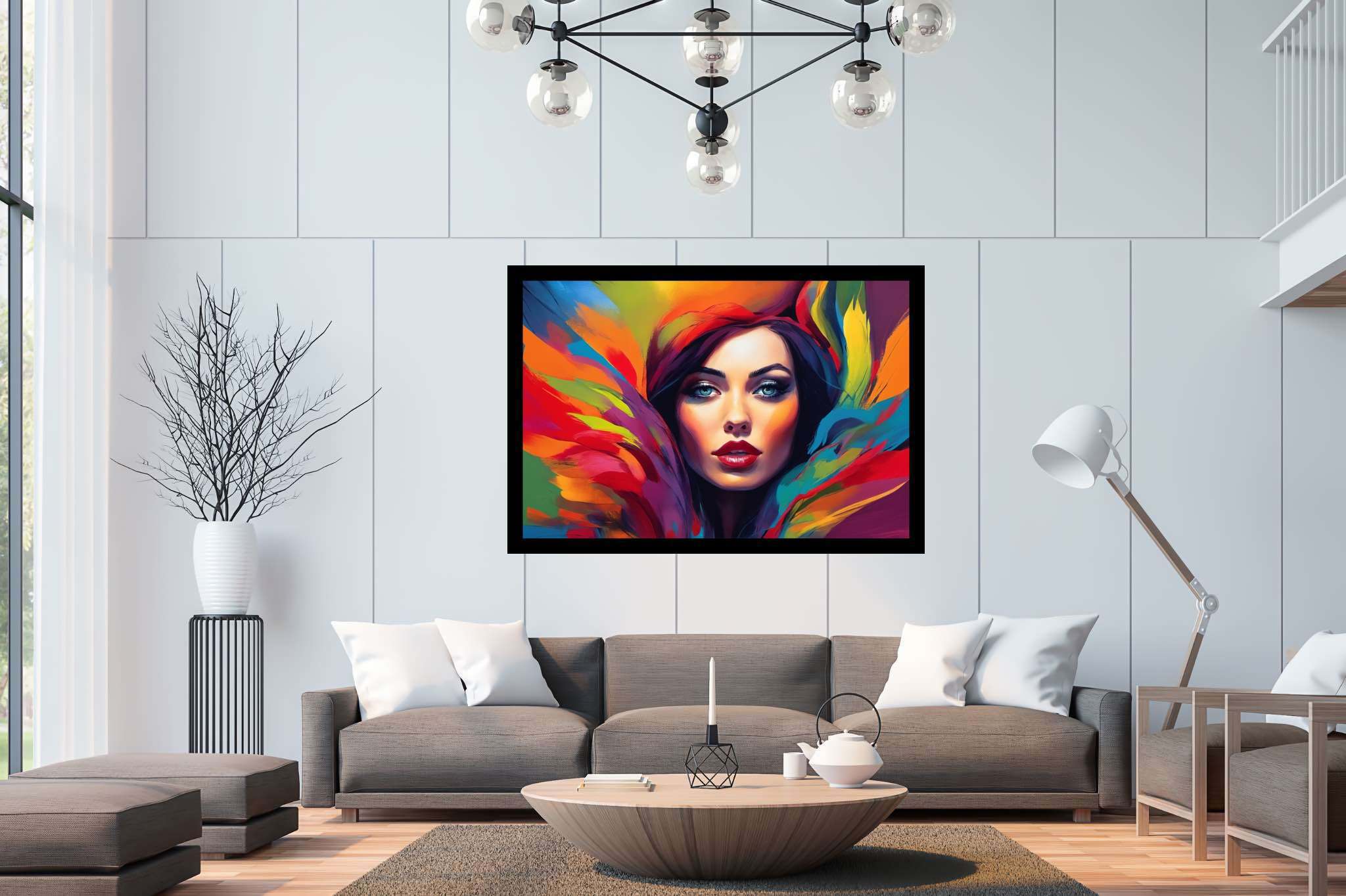 Spectrum of her essence: Vibrant woman art with vibrant woman digital art, in a room with classic elegance, bespoke art designs, and home styling items. The art can be printed on poster, framed poster, canvas, metal, acrylic or wood, exclusively at WallArtZen. Find this exact print at https://wallartzen.com/waz138