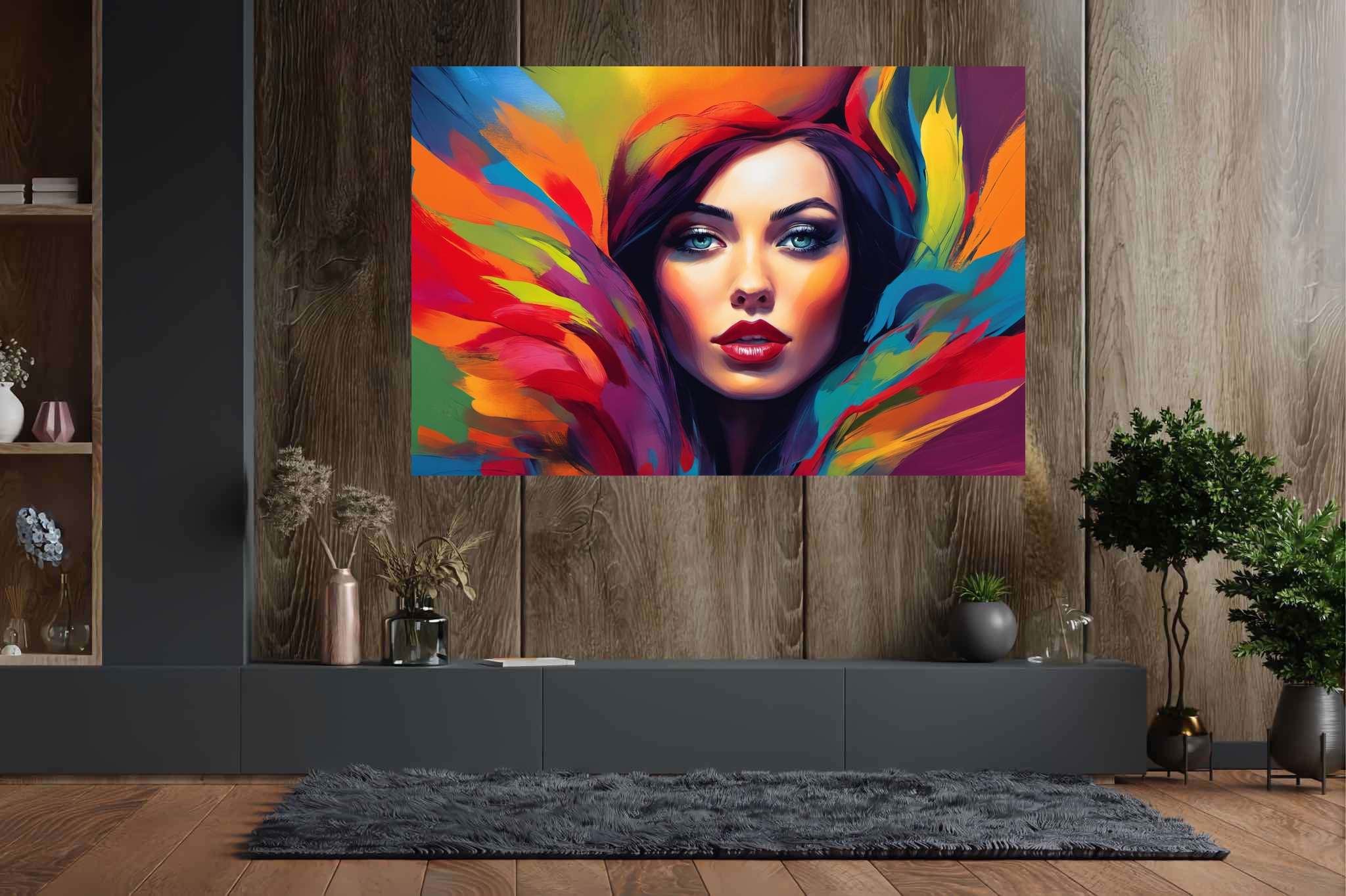Spectrum of her essence: Vibrant woman art with vibrant woman mixed media, in a room with chic decor, photographic wall art, and decorative pieces. The art can be printed on poster, framed poster, canvas, metal, acrylic or wood, exclusively at WallArtZen. Find this exact print at https://wallartzen.com/waz138