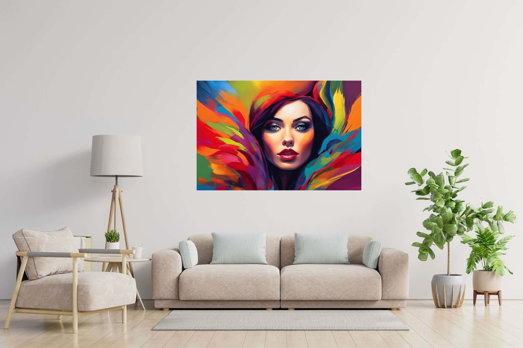 Spectrum of her essence: Vibrant woman art with passionate woman drawings, in a room with artistic style, fine art prints, and home furnishings. The art can be printed on poster, framed poster, canvas, metal, acrylic or wood, exclusively at WallArtZen. Find this exact print at https://wallartzen.com/waz138