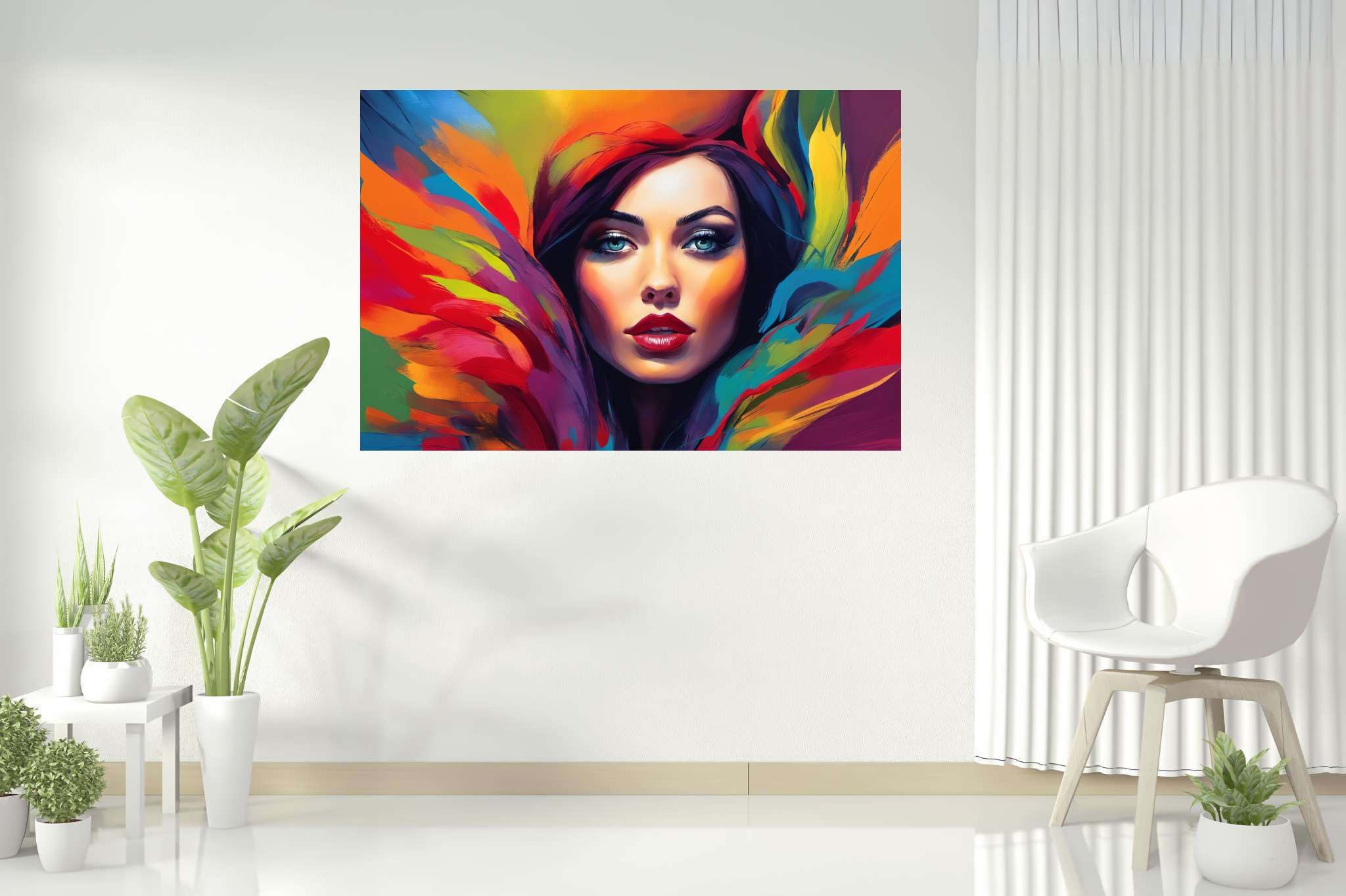 Spectrum of her essence: Vibrant woman art with vibrant woman prints, in a room with classic elegance, mural artworks, and decorative pieces. The art can be printed on poster, framed poster, canvas, metal, acrylic or wood, exclusively at WallArtZen. Find this exact print at https://wallartzen.com/waz138