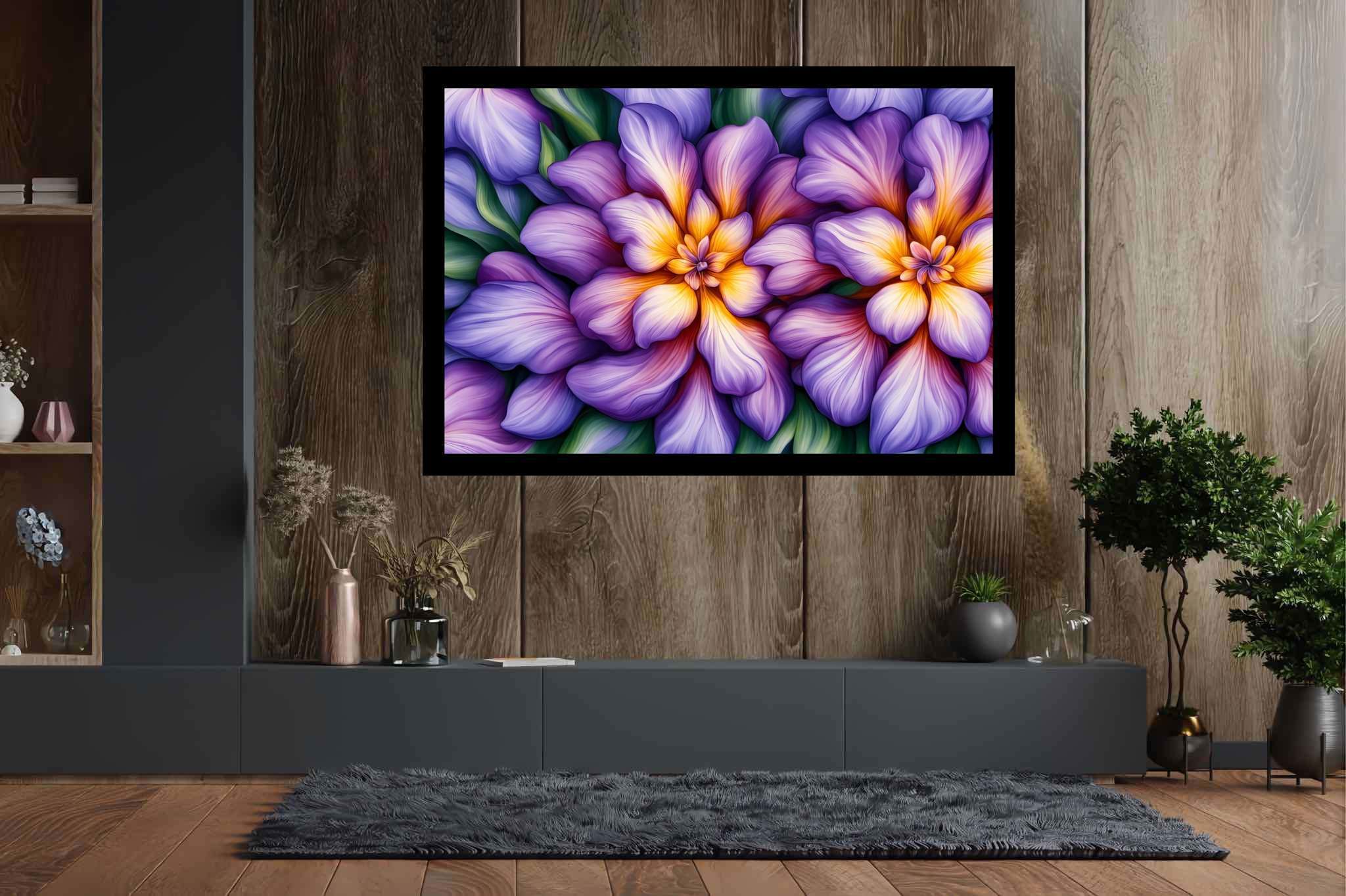 Bloom harmonics: Vibrant floral art with vibrant garden, in a room with modern style, fine art prints, and decorative pieces. The art can be printed on poster, framed poster, canvas, metal, acrylic or wood, exclusively at WallArtZen. Find this exact print at https://wallartzen.com/waz139