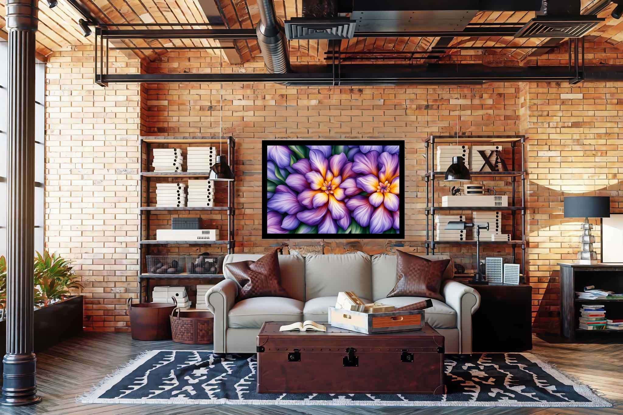 Bloom harmonics: Vibrant floral art with botanical art, in a room with artistic style, photographic wall art, and elegant home goods. The art can be printed on poster, framed poster, canvas, metal, acrylic or wood, exclusively at WallArtZen. Find this exact print at https://wallartzen.com/waz139