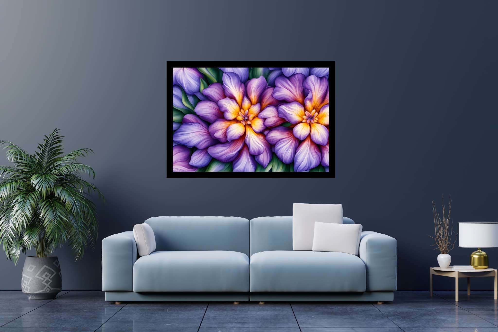 Bloom harmonics: Vibrant floral art with vivid blooms, in a room with minimalist approach, wall hangings, and home styling items. The art can be printed on poster, framed poster, canvas, metal, acrylic or wood, exclusively at WallArtZen. Find this exact print at https://wallartzen.com/waz139