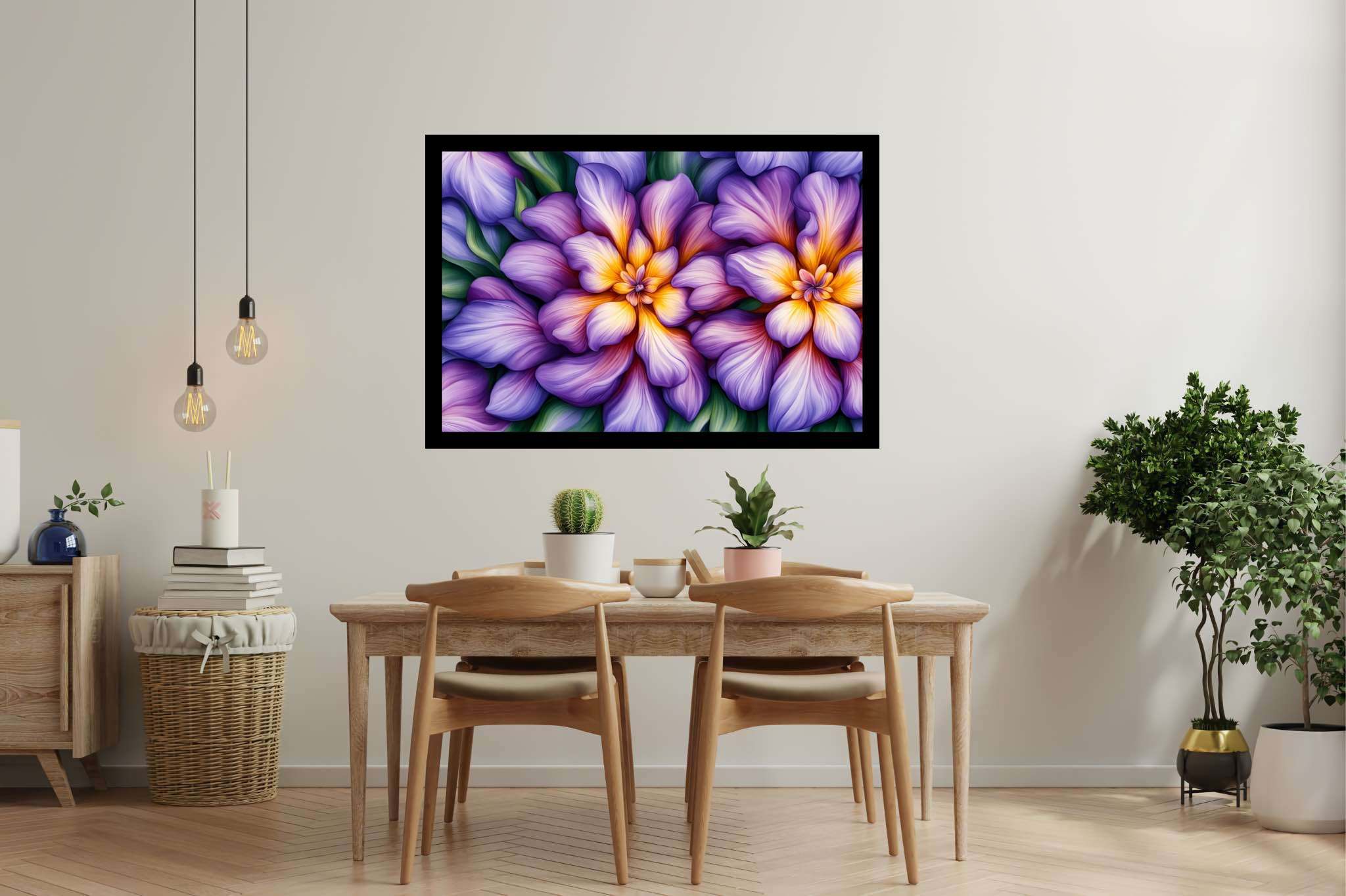 Bloom harmonics: Vibrant floral art with vibrant floral art, in a room with modern style, canvas prints, and luxe decor. The art can be printed on poster, framed poster, canvas, metal, acrylic or wood, exclusively at WallArtZen. Find this exact print at https://wallartzen.com/waz139