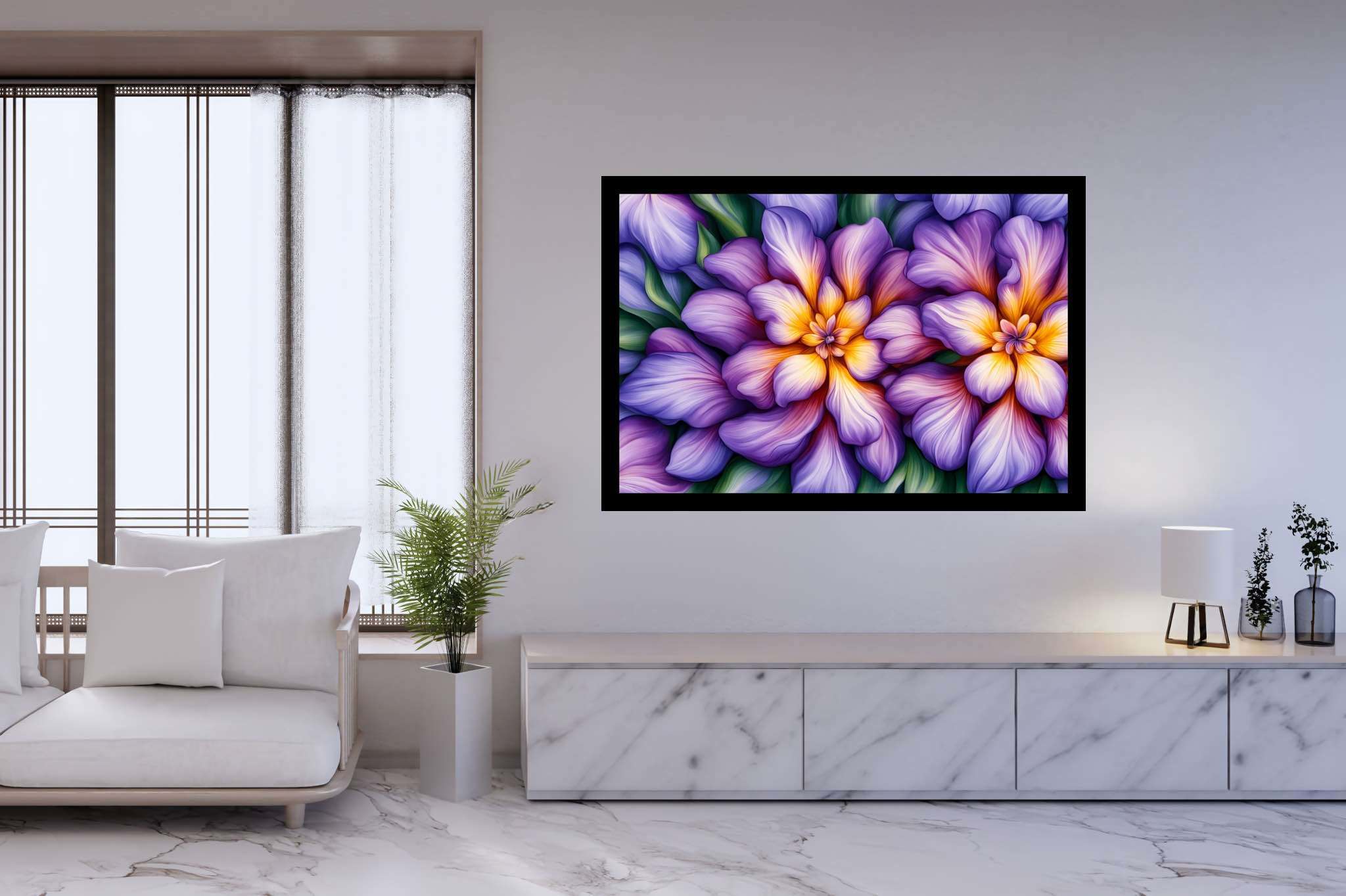 Bloom harmonics: Vibrant floral art with blooming flowers, in a room with classic elegance, mural artworks, and trendy home accents. The art can be printed on poster, framed poster, canvas, metal, acrylic or wood, exclusively at WallArtZen. Find this exact print at https://wallartzen.com/waz139