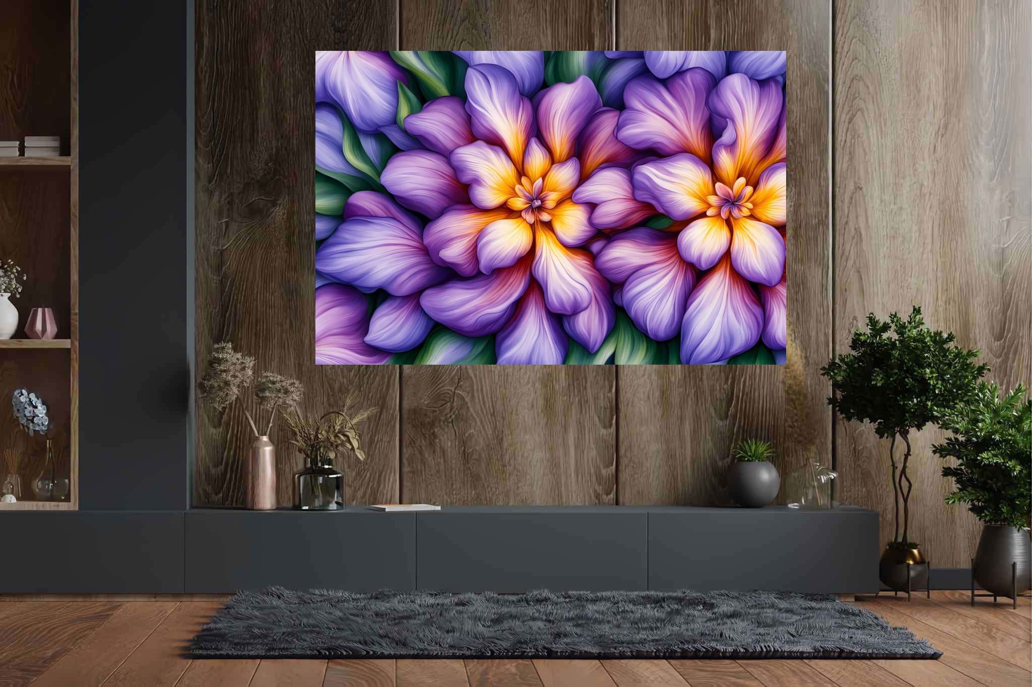 Bloom harmonics: Vibrant floral art with floral paintings, in a room with artistic style, wall hangings, and luxe decor. The art can be printed on poster, framed poster, canvas, metal, acrylic or wood, exclusively at WallArtZen. Find this exact print at https://wallartzen.com/waz139