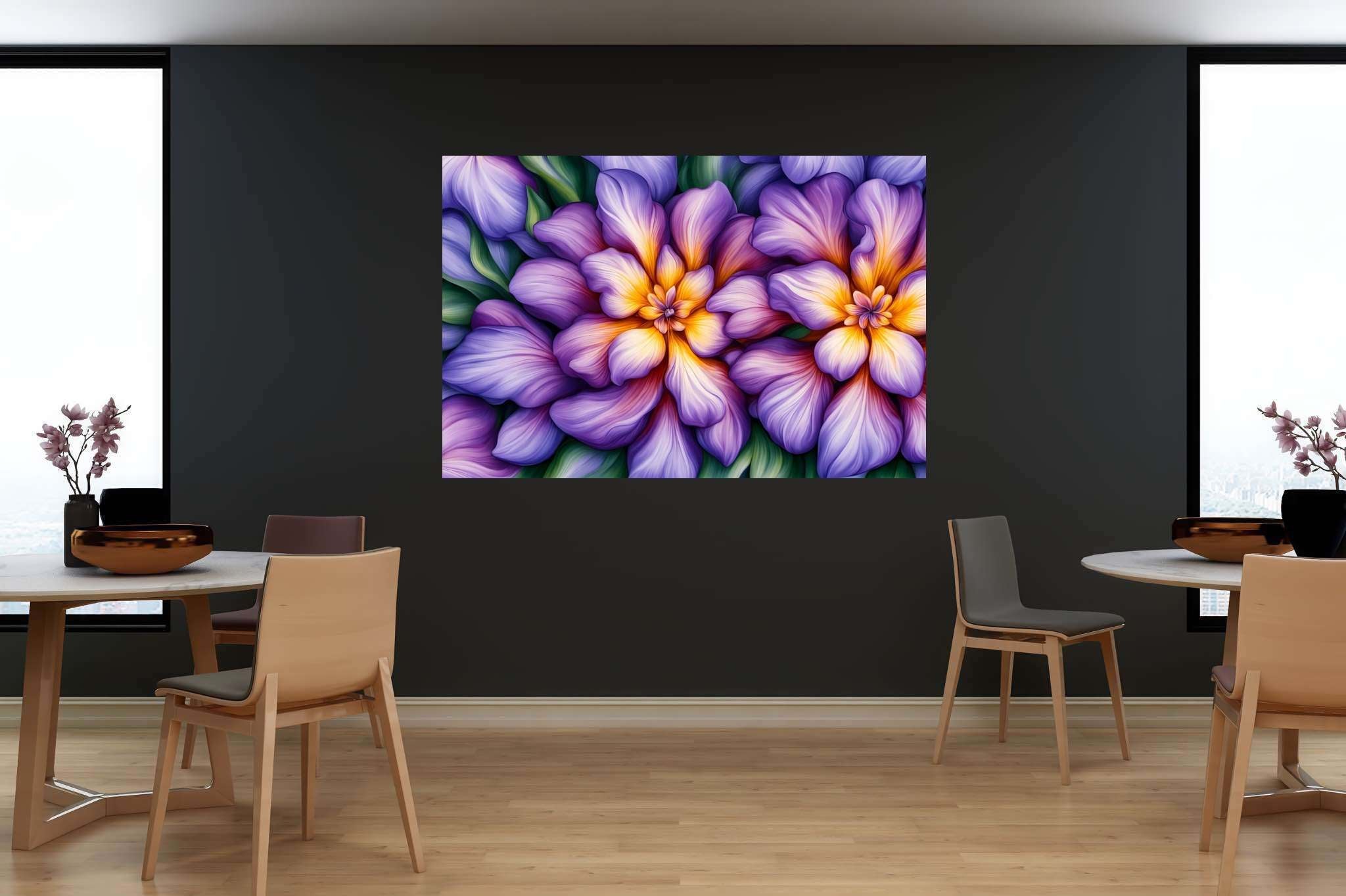 Bloom harmonics: Vibrant floral art with colorful flowers, in a room with innovative layout, photographic wall art, and designer furniture. The art can be printed on poster, framed poster, canvas, metal, acrylic or wood, exclusively at WallArtZen. Find this exact print at https://wallartzen.com/waz139