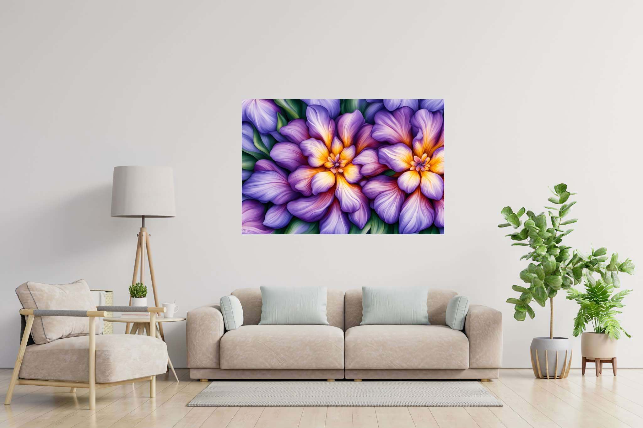 Bloom harmonics: Vibrant floral art with botanical art, in a room with minimalist approach, abstract paintings, and luxe decor. The art can be printed on poster, framed poster, canvas, metal, acrylic or wood, exclusively at WallArtZen. Find this exact print at https://wallartzen.com/waz139
