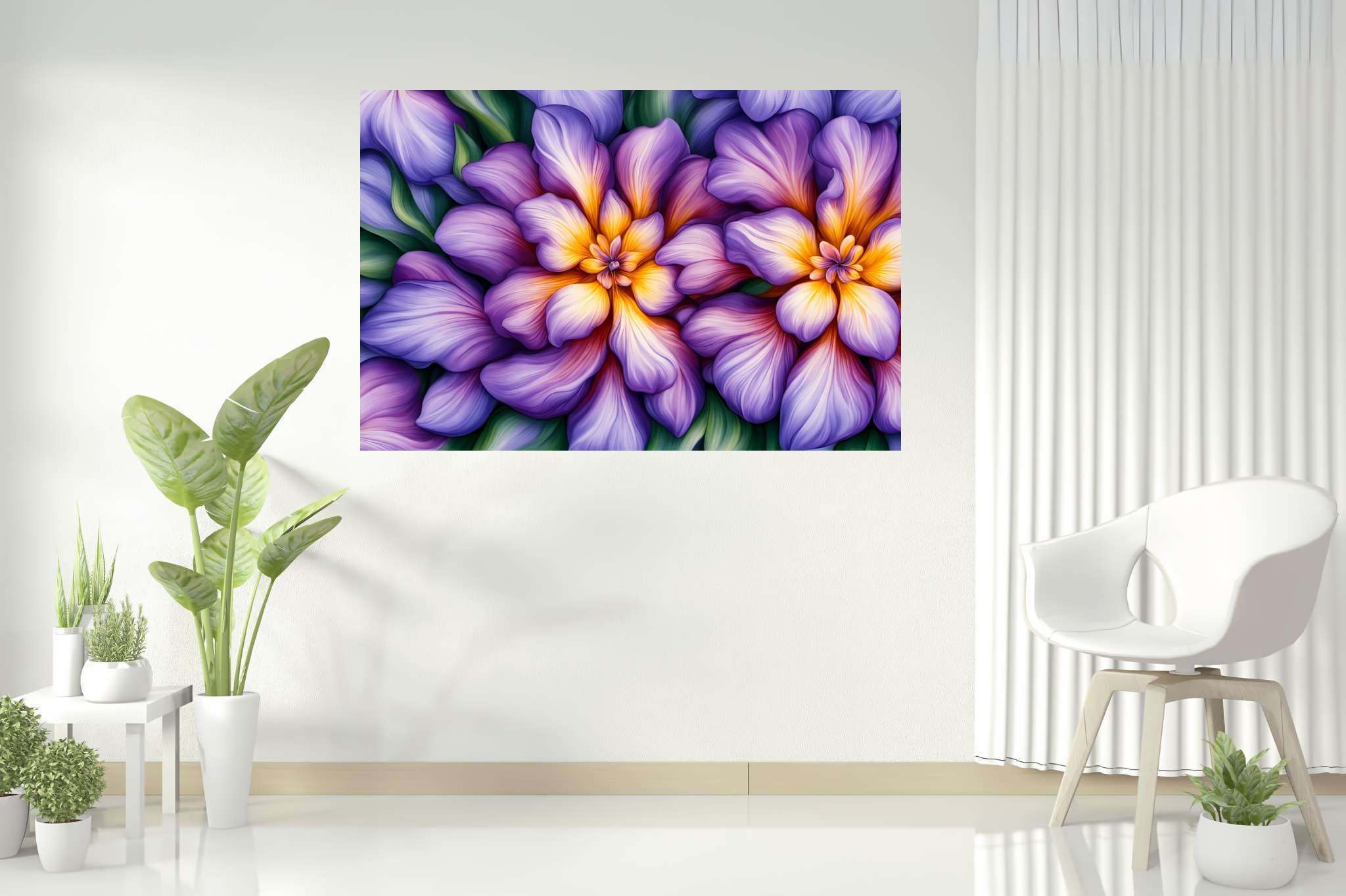 Bloom harmonics: Vibrant floral art with blooming flowers, in a room with great design, wall art, and stylish accessories. The art can be printed on poster, framed poster, canvas, metal, acrylic or wood, exclusively at WallArtZen. Find this exact print at https://wallartzen.com/waz139