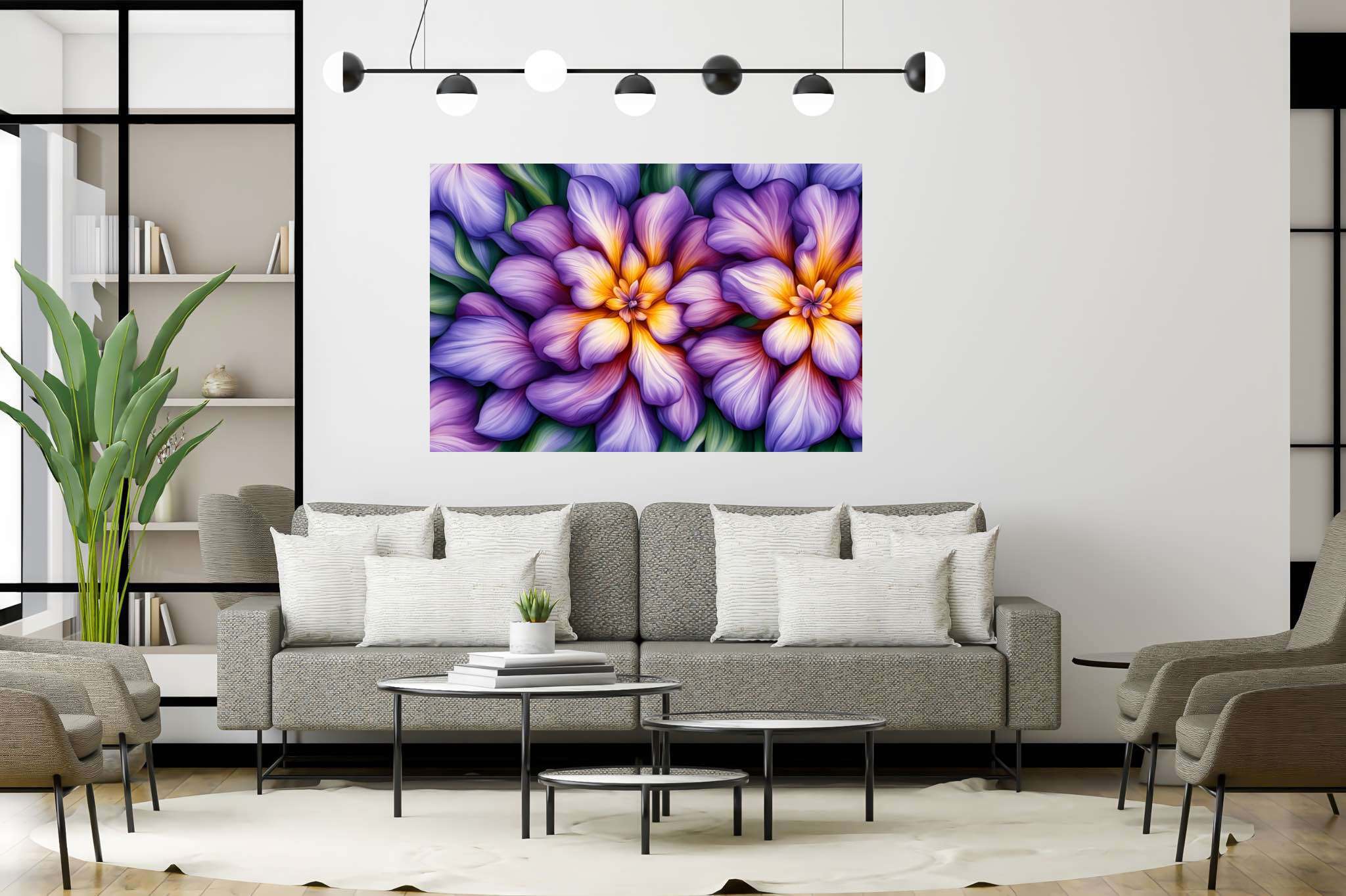 Bloom harmonics: Vibrant floral art with botanical art, in a room with artistic style, photographic wall art, and elegant home goods. The art can be printed on poster, framed poster, canvas, metal, acrylic or wood, exclusively at WallArtZen. Find this exact print at https://wallartzen.com/waz139