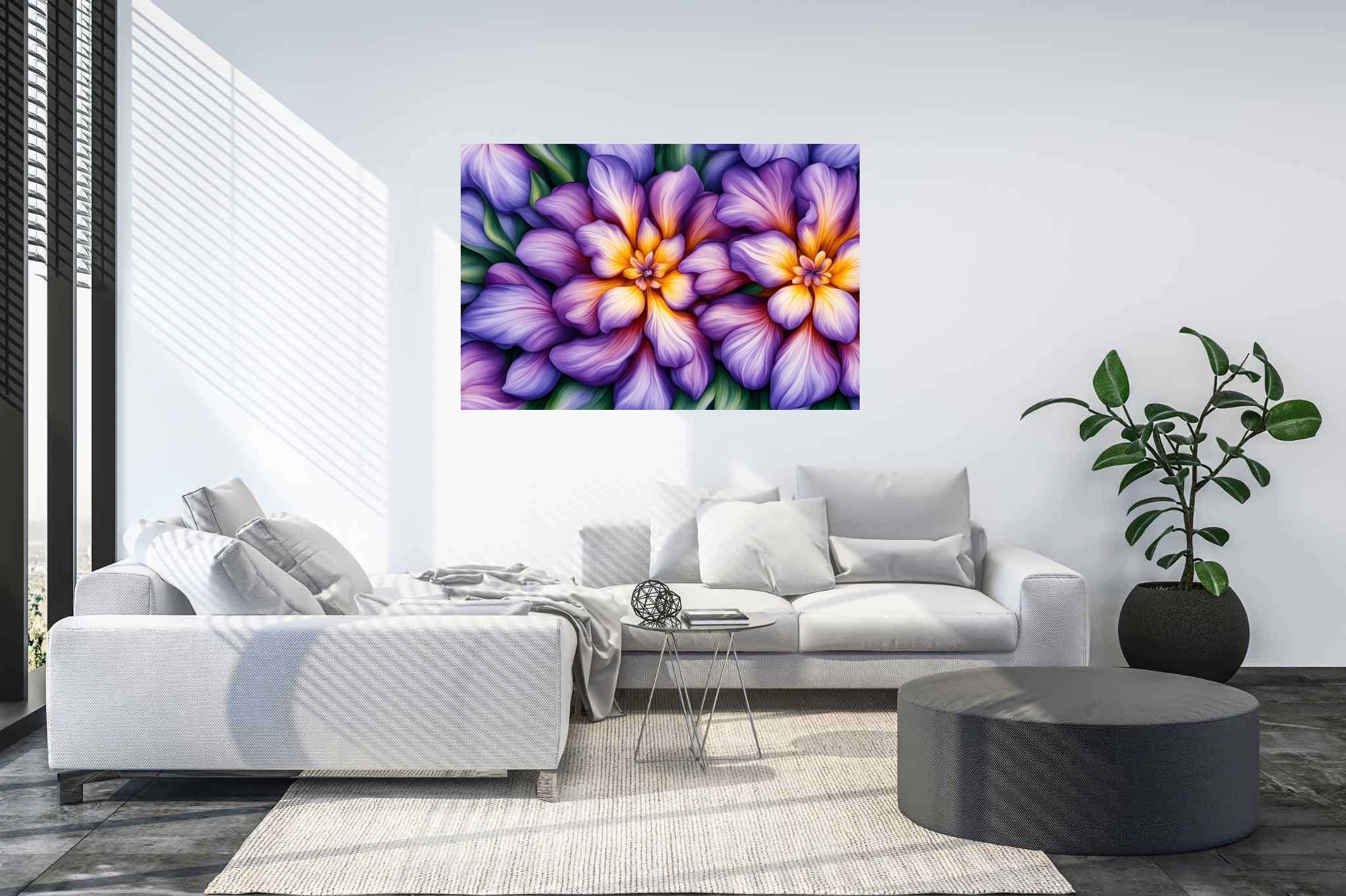 Bloom harmonics: Vibrant floral art with vivid blooms, in a room with great design, canvas prints, and home styling items. The art can be printed on poster, framed poster, canvas, metal, acrylic or wood, exclusively at WallArtZen. Find this exact print at https://wallartzen.com/waz139