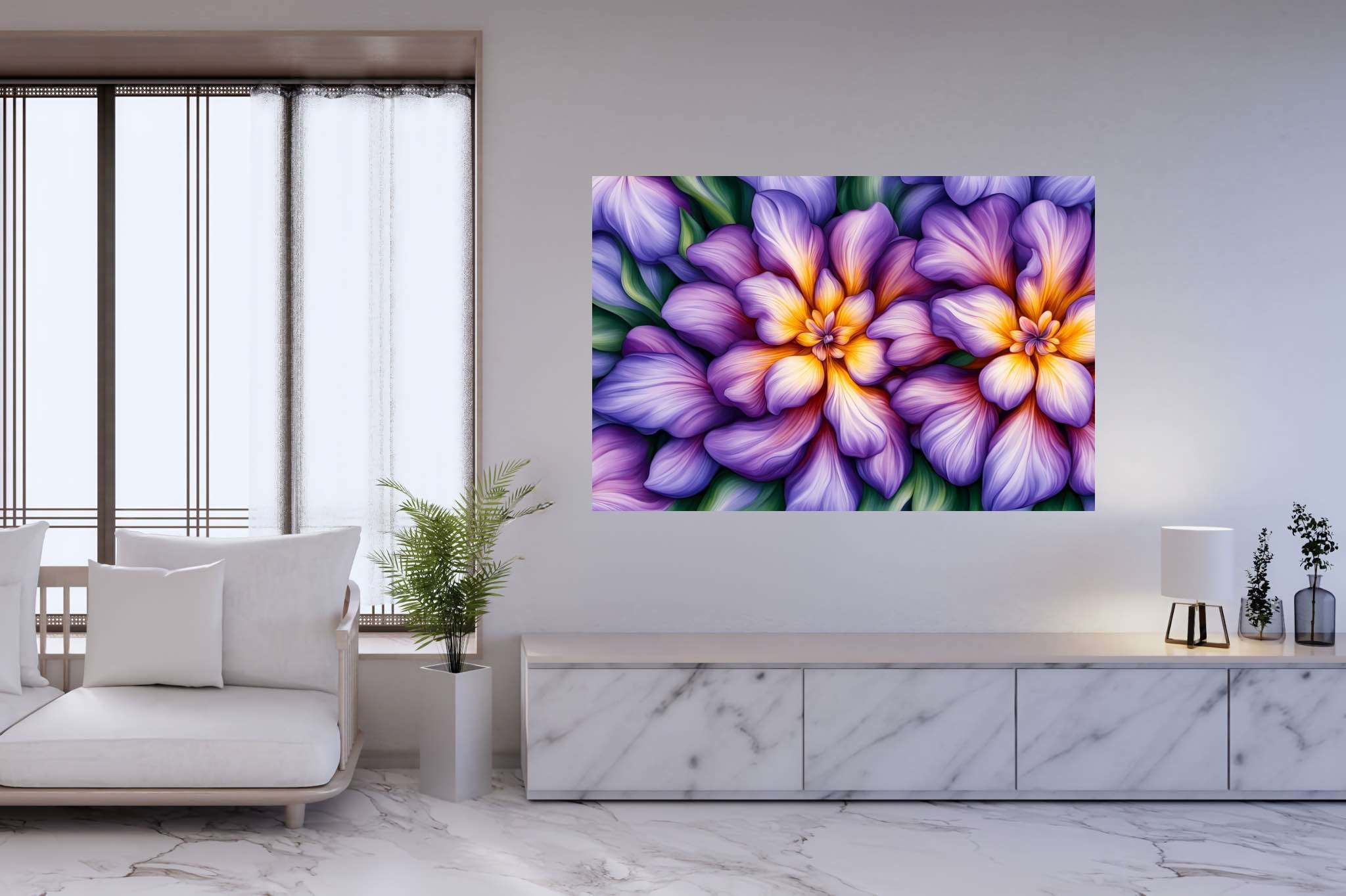 Bloom harmonics: Vibrant floral art with vibrant petals, in a room with minimalist approach, mural artworks, and interior decorations. The art can be printed on poster, framed poster, canvas, metal, acrylic or wood, exclusively at WallArtZen. Find this exact print at https://wallartzen.com/waz139