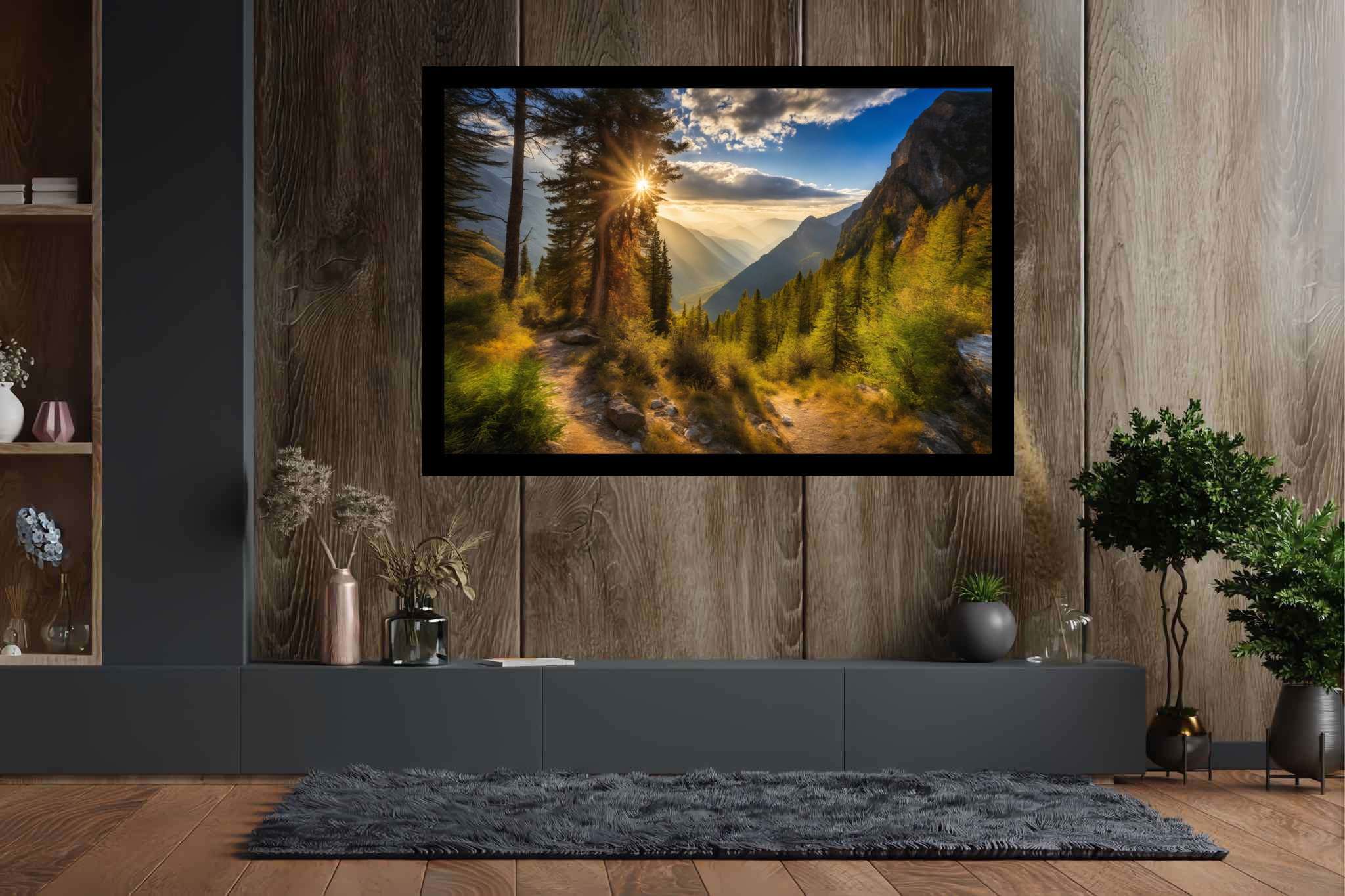 Golden hues of solitude: Mountain landscape art with scenic mountains, in a room with chic decor, canvas prints, and decorative pieces. The art can be printed on poster, framed poster, canvas, metal, acrylic or wood, exclusively at WallArtZen. Find this exact print at https://wallartzen.com/waz13