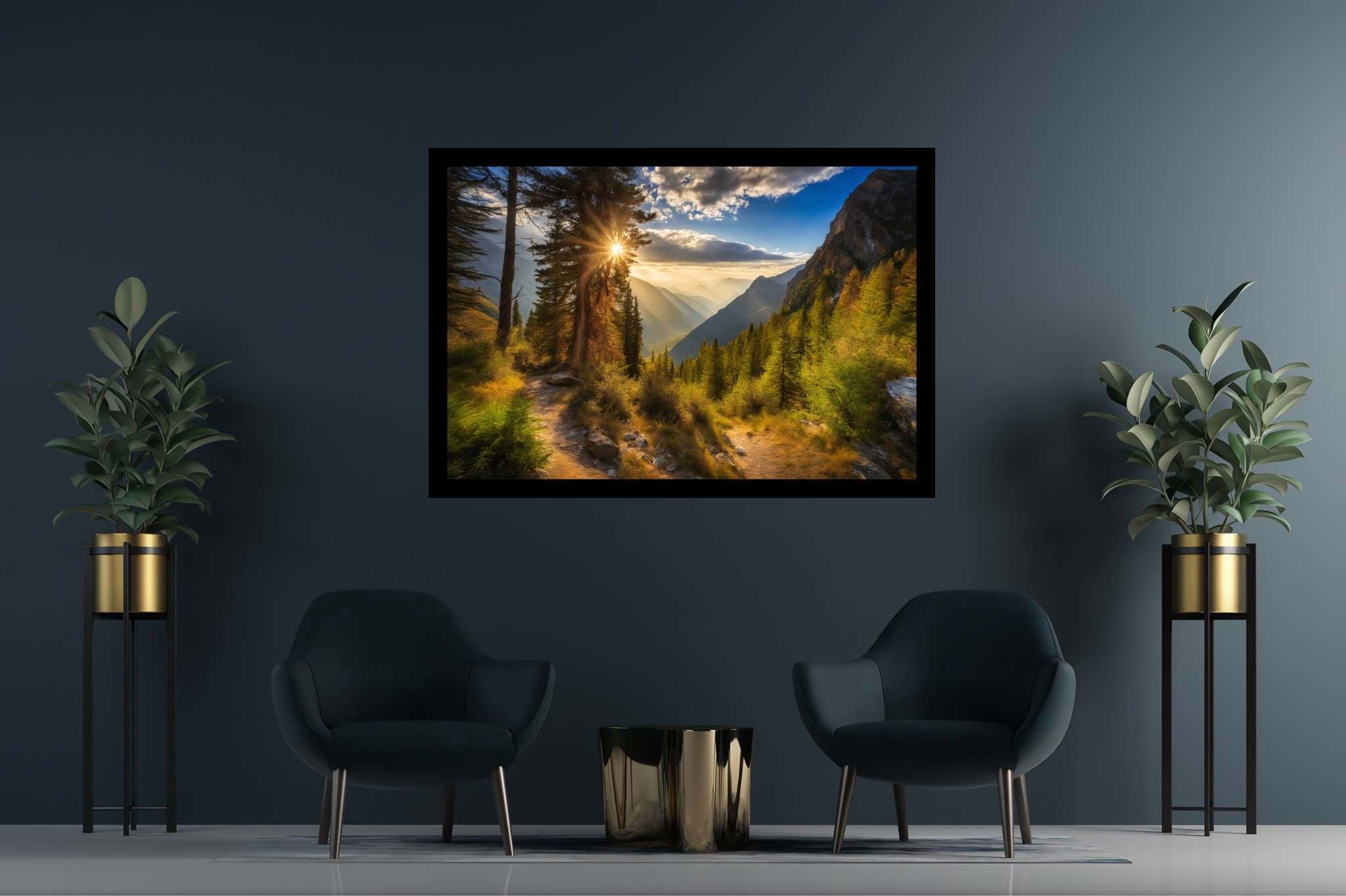 Golden hues of solitude: Mountain landscape art with mountain artwork, in a room with innovative layout, wall hangings, and trendy home accents. The art can be printed on poster, framed poster, canvas, metal, acrylic or wood, exclusively at WallArtZen. Find this exact print at https://wallartzen.com/waz13