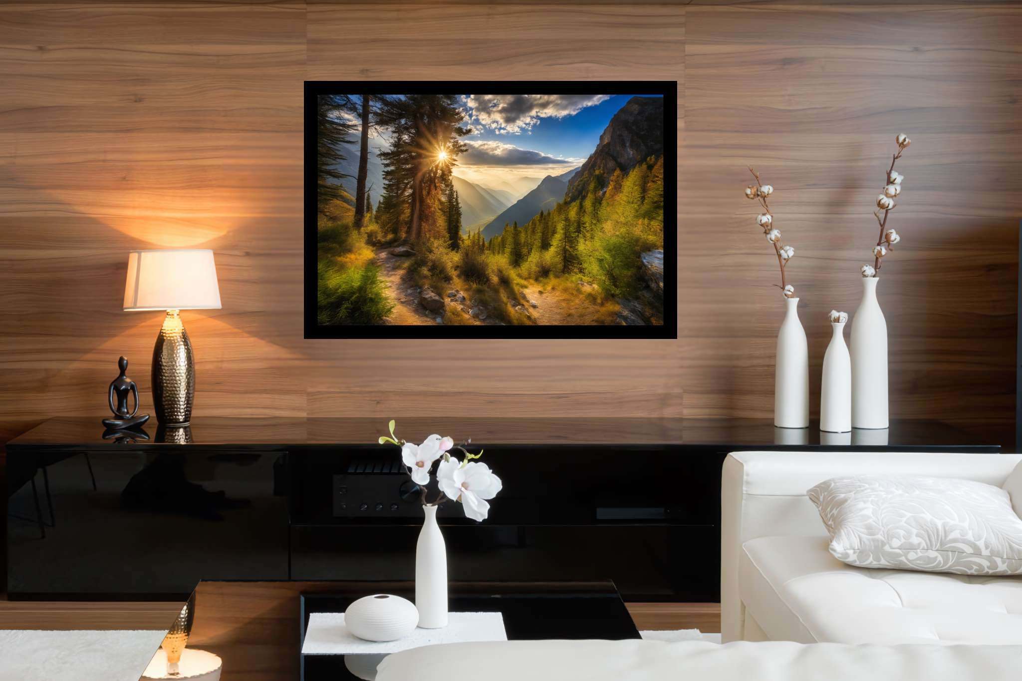 Golden hues of solitude: Mountain landscape art with mountain landscape painting, in a room with contemporary flair, mural artworks, and decorative pieces. The art can be printed on poster, framed poster, canvas, metal, acrylic or wood, exclusively at WallArtZen. Find this exact print at https://wallartzen.com/waz13