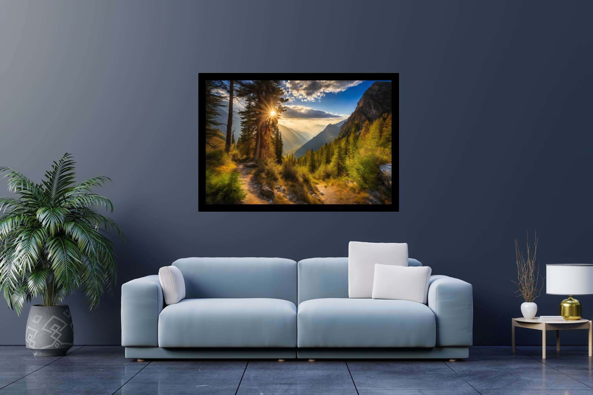 Golden hues of solitude: Mountain landscape art with outdoor artwork, in a room with chic decor, fine art prints, and decorative pieces. The art can be printed on poster, framed poster, canvas, metal, acrylic or wood, exclusively at WallArtZen. Find this exact print at https://wallartzen.com/waz13