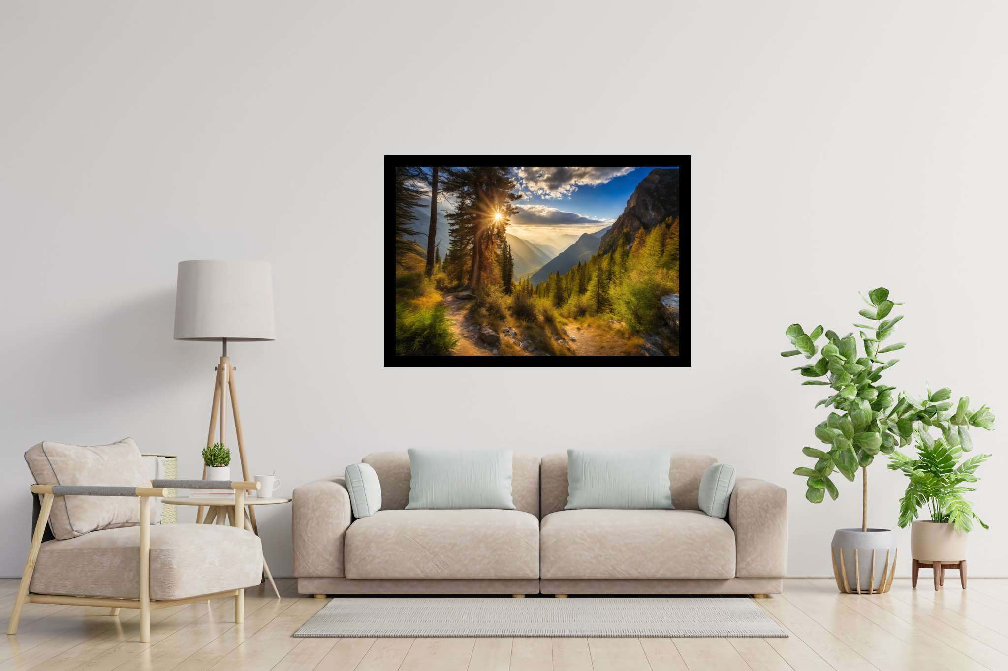 Golden hues of solitude: Mountain landscape art with landscape photography, in a room with contemporary flair, digital art pieces, and interior decorations. The art can be printed on poster, framed poster, canvas, metal, acrylic or wood, exclusively at WallArtZen. Find this exact print at https://wallartzen.com/waz13