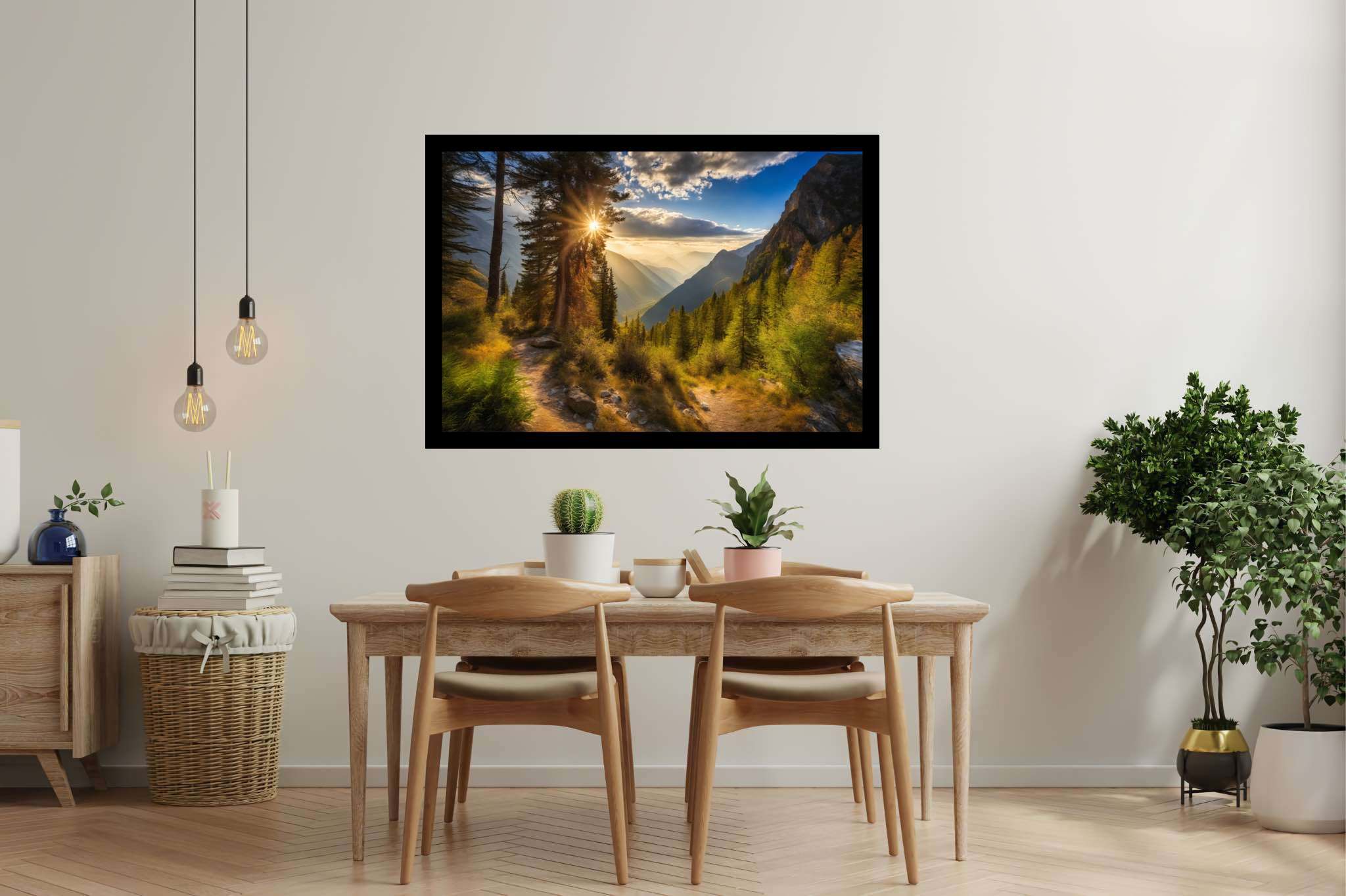 Golden hues of solitude: Mountain landscape art with mountain artwork, in a room with elegant layout, framed art, and home styling items. The art can be printed on poster, framed poster, canvas, metal, acrylic or wood, exclusively at WallArtZen. Find this exact print at https://wallartzen.com/waz13