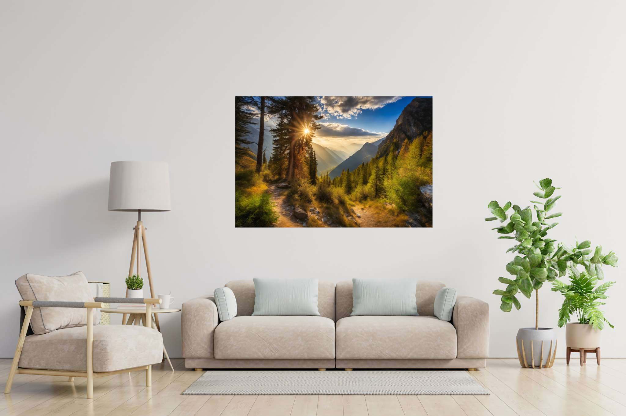 Golden hues of solitude: Mountain landscape art with mountain landscape photography, in a room with chic decor, bespoke art designs, and elegant home goods. The art can be printed on poster, framed poster, canvas, metal, acrylic or wood, exclusively at WallArtZen. Find this exact print at https://wallartzen.com/waz13