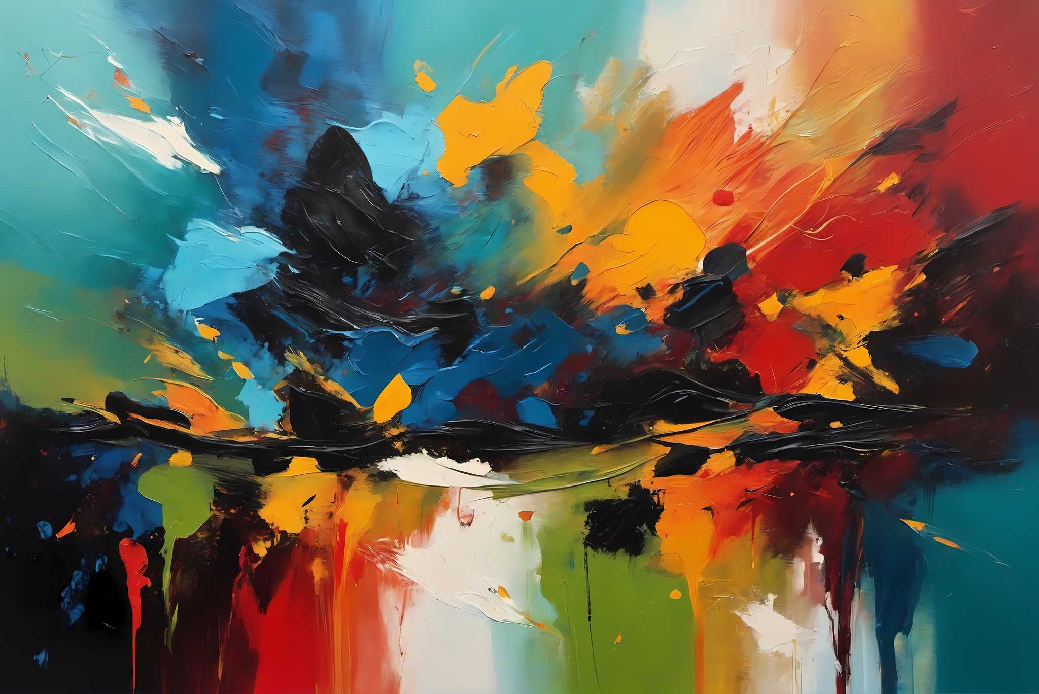 Chromatic overture: Vibrant art with vibrant digital art, in a room with urban design, digital art pieces, and home styling items. The art can be printed on poster, framed poster, canvas, metal, acrylic or wood, exclusively at WallArtZen. Find this exact print at https://wallartzen.com/waz140