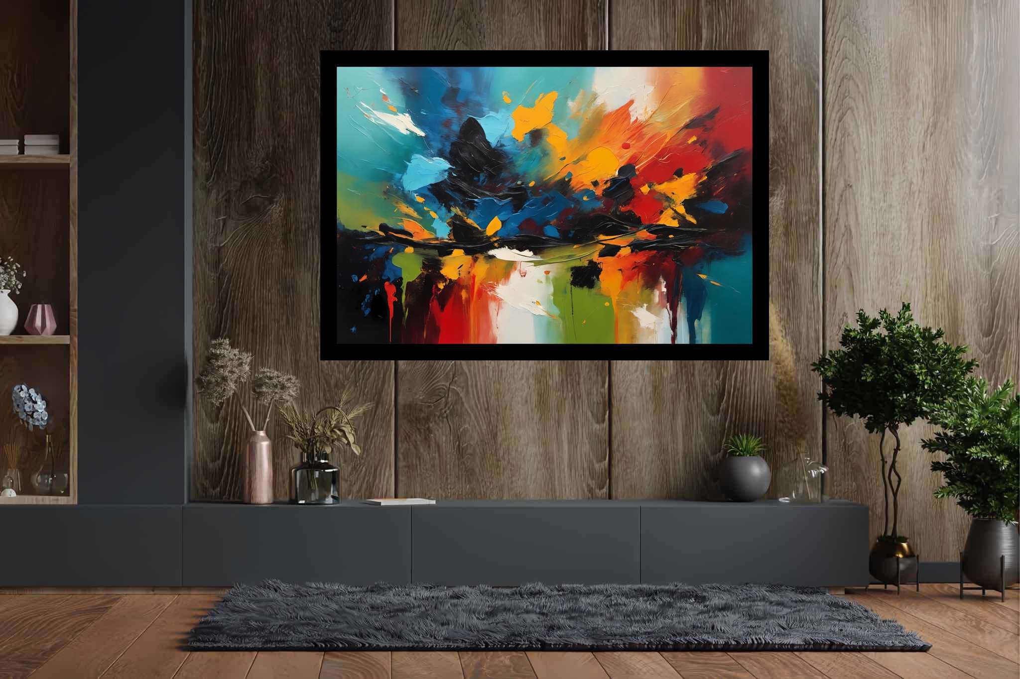 Chromatic overture: Vibrant art with vibrant art gallery, in a room with chic decor, bespoke art designs, and designer furniture. The art can be printed on poster, framed poster, canvas, metal, acrylic or wood, exclusively at WallArtZen. Find this exact print at https://wallartzen.com/waz140
