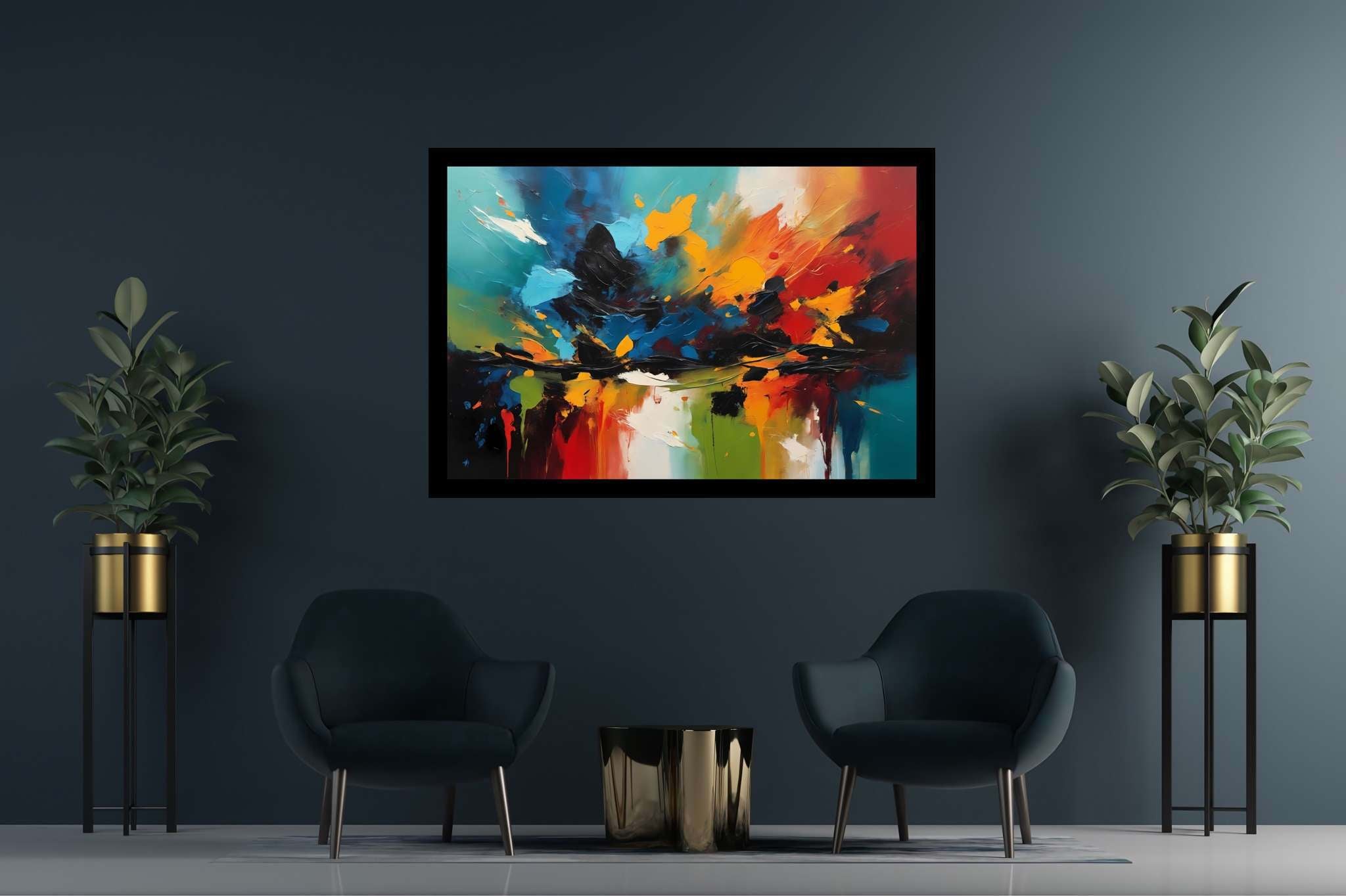 Chromatic overture: Vibrant art with vibrant art prints, in a room with great design, canvas prints, and luxe decor. The art can be printed on poster, framed poster, canvas, metal, acrylic or wood, exclusively at WallArtZen. Find this exact print at https://wallartzen.com/waz140