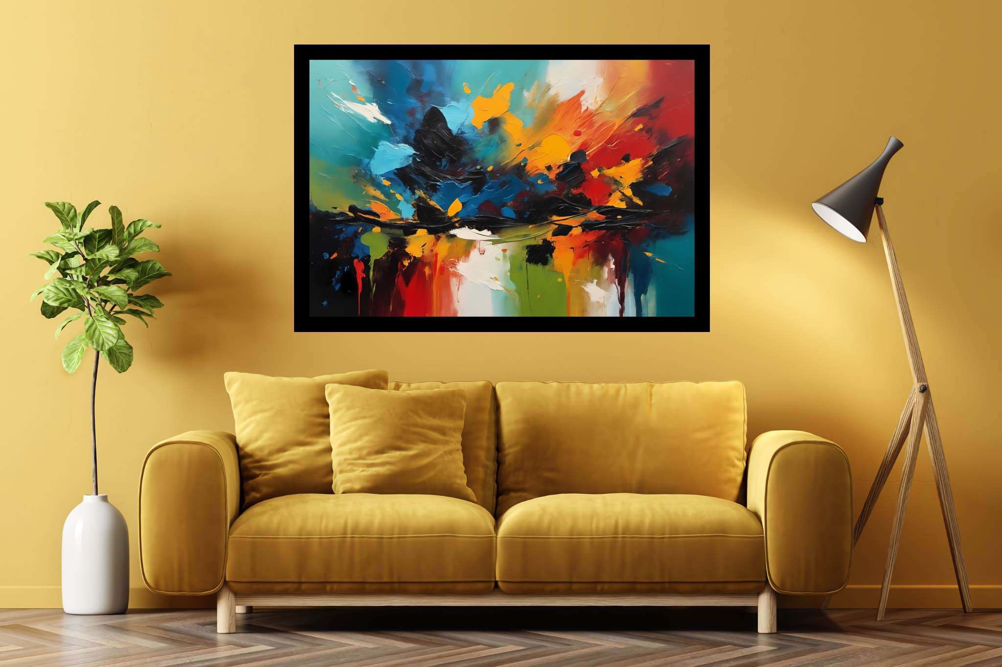 Chromatic overture: Vibrant art with vibrant abstract art, in a room with urban design, abstract paintings, and decorative pieces. The art can be printed on poster, framed poster, canvas, metal, acrylic or wood, exclusively at WallArtZen. Find this exact print at https://wallartzen.com/waz140